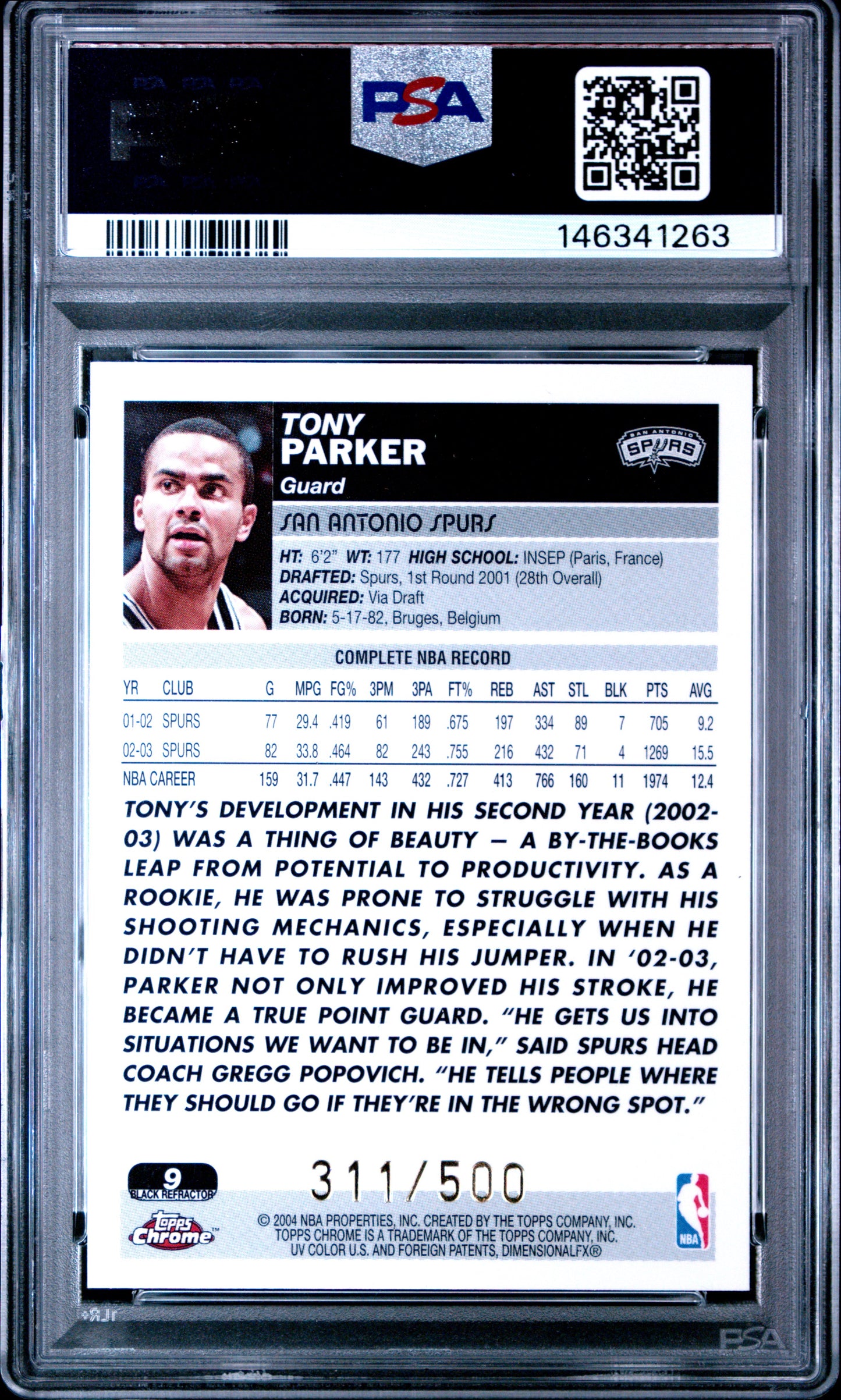 2003-04 Topps Chrome Tony Parker #105 Refractor Black 311/500 PSA 8
