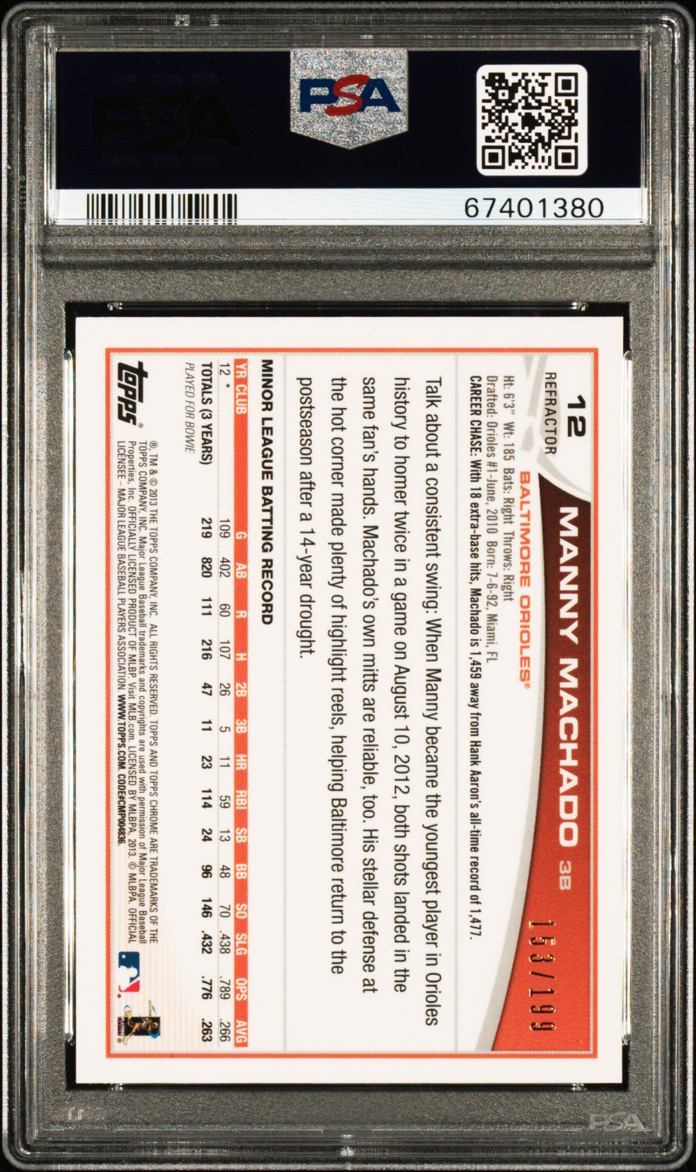 2013 Topps Chrome Manny Machado #12 Blue Refractor 158/199 RC Orioles PSA 9