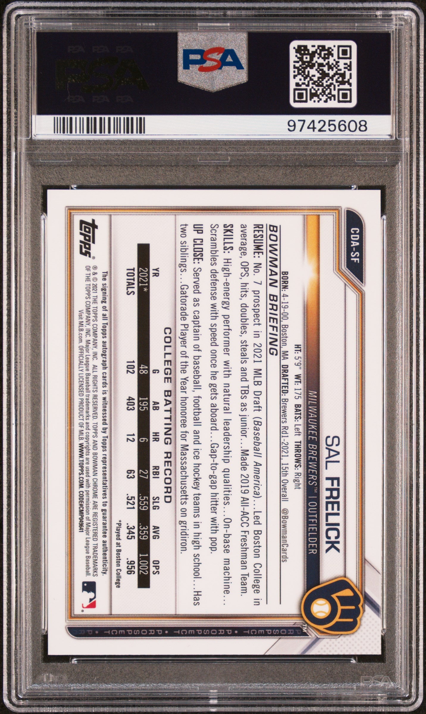2021 Bowman Chrome Sal Frelick Blue Refractor Auto /150 PSA 9