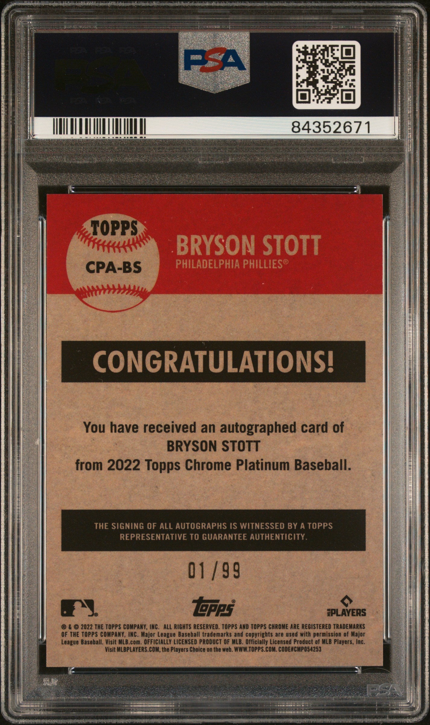 2022 Topps Chrome Platinum Anniversary Bryson Stott Auto Blue /99 PSA 10 RC