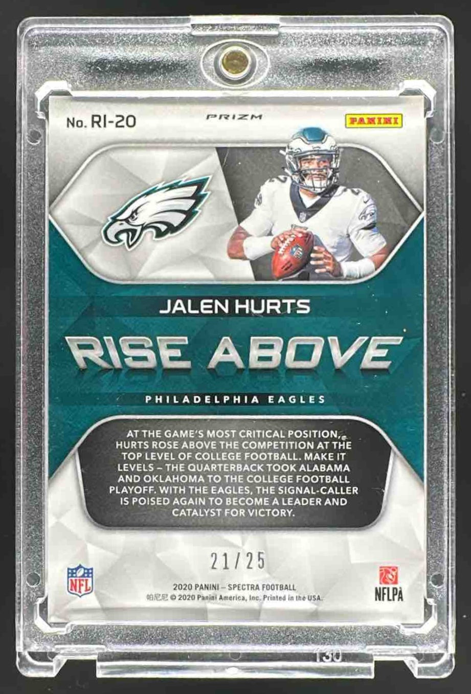 2020 Panini Spectra Jalen Hurts #RI-20 Rise Above Neon Pink 21/25 RC