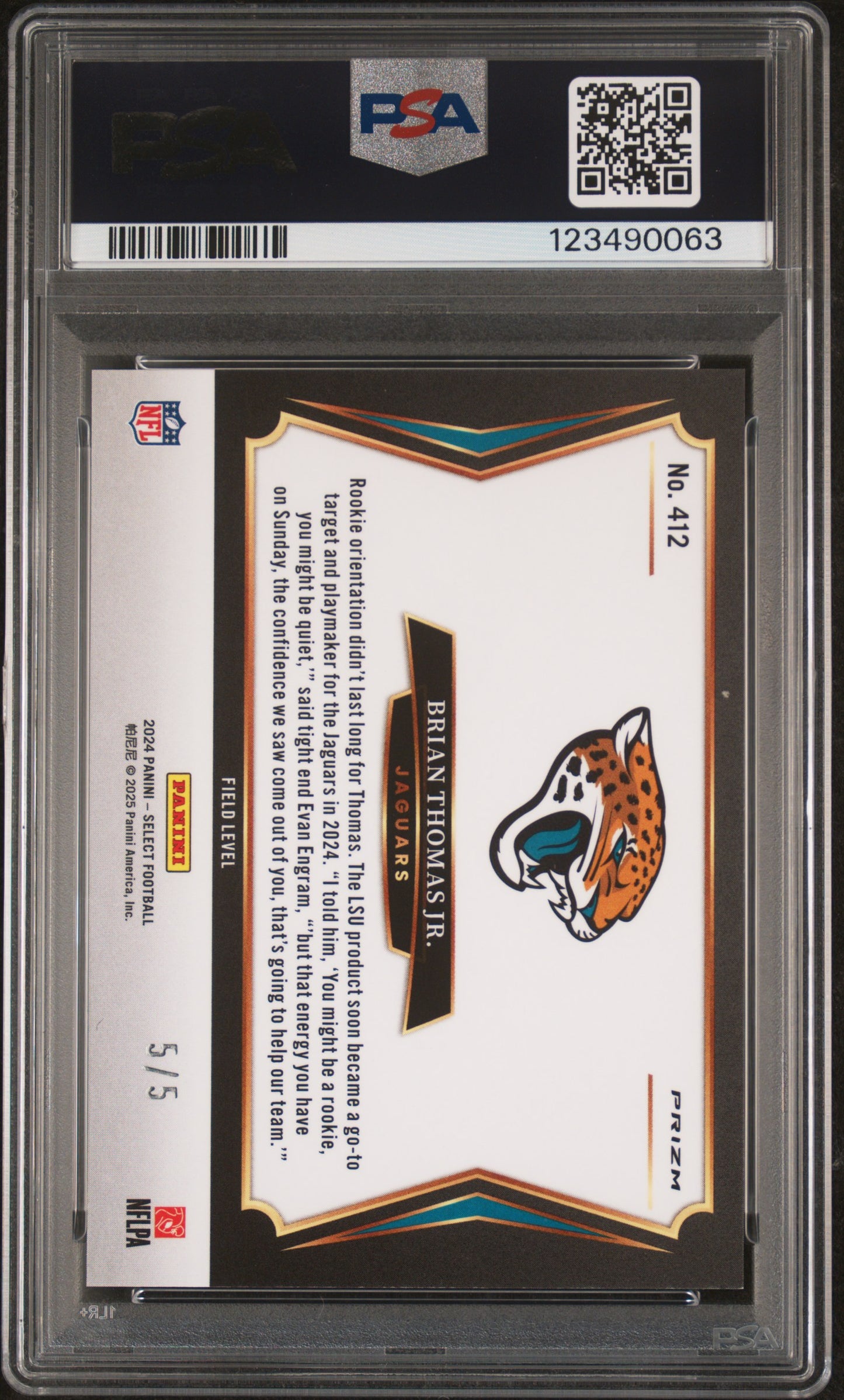 2024 Panini Select Brian Thomas Jr. #412 Field Level Green Prizm 5/5 RC PSA 10