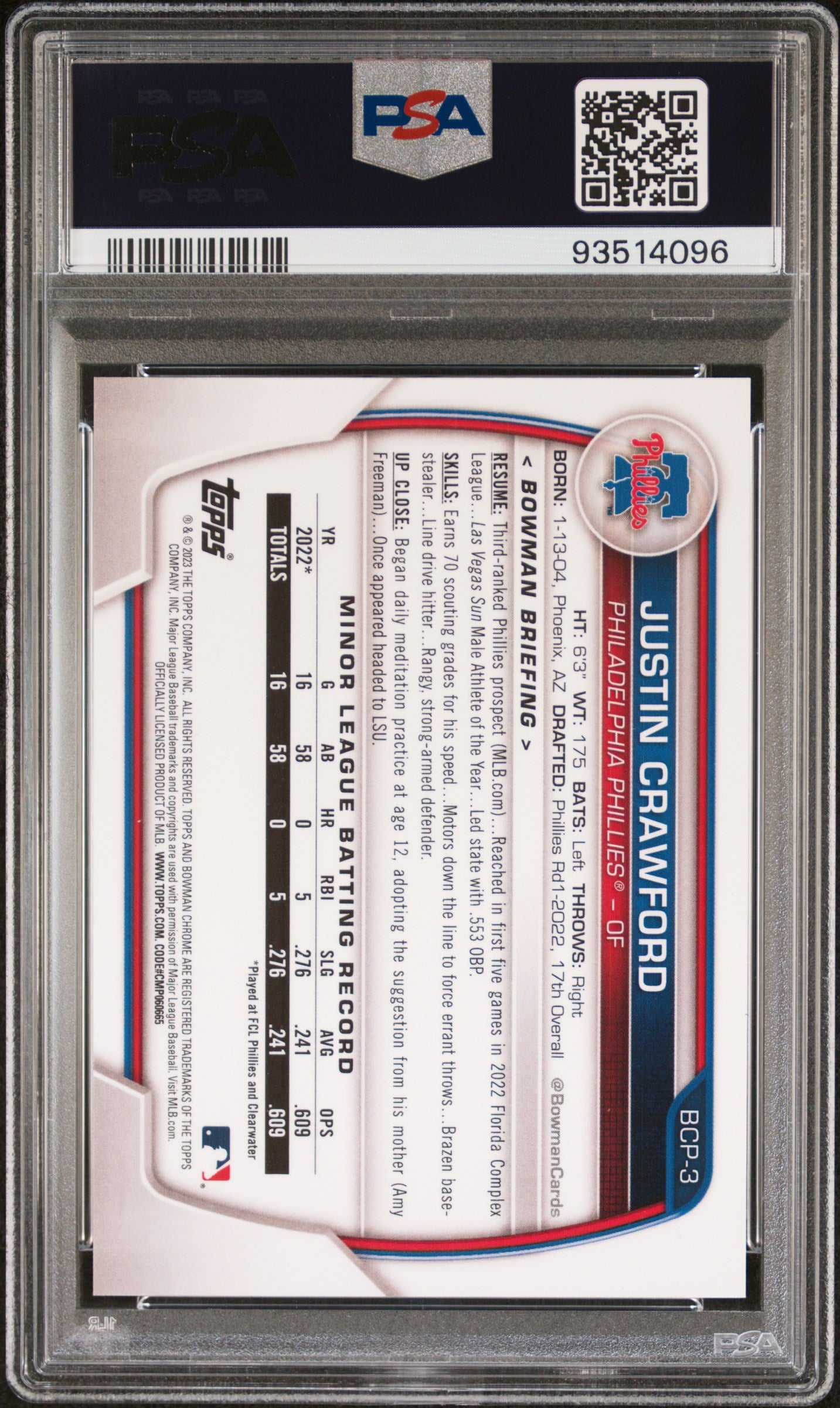 2023 Bowman Chrome Justin Crawford Blue Refractor /150 PSA 10