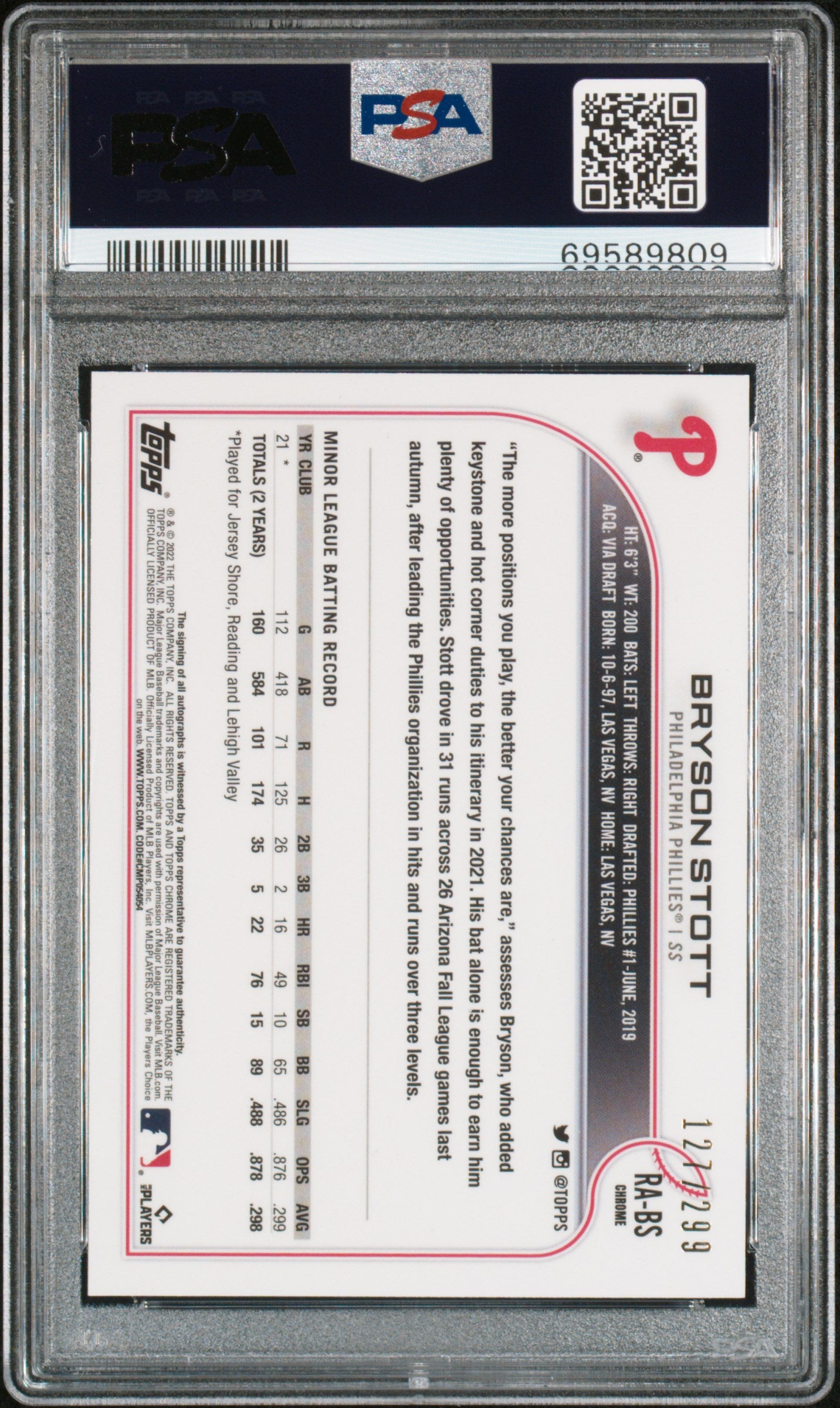 2022 Topps Chrome Bryson Stott Purple Speckle Rookie Auto /299 PSA 10