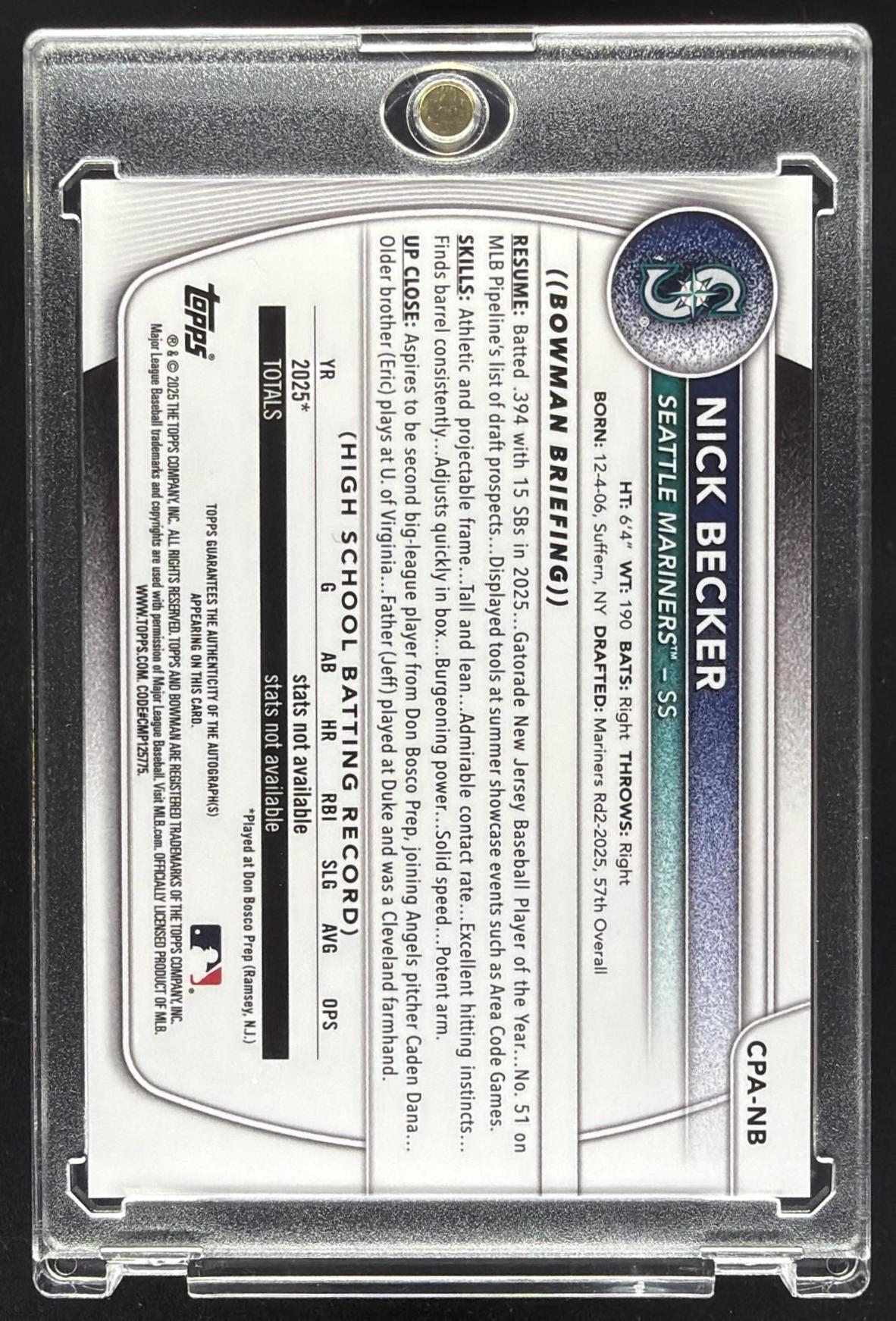 2025 Bowman Draft Nick Becker #CPA-NB Chrome Auto Green Lava Refractor /99 1st Prospect