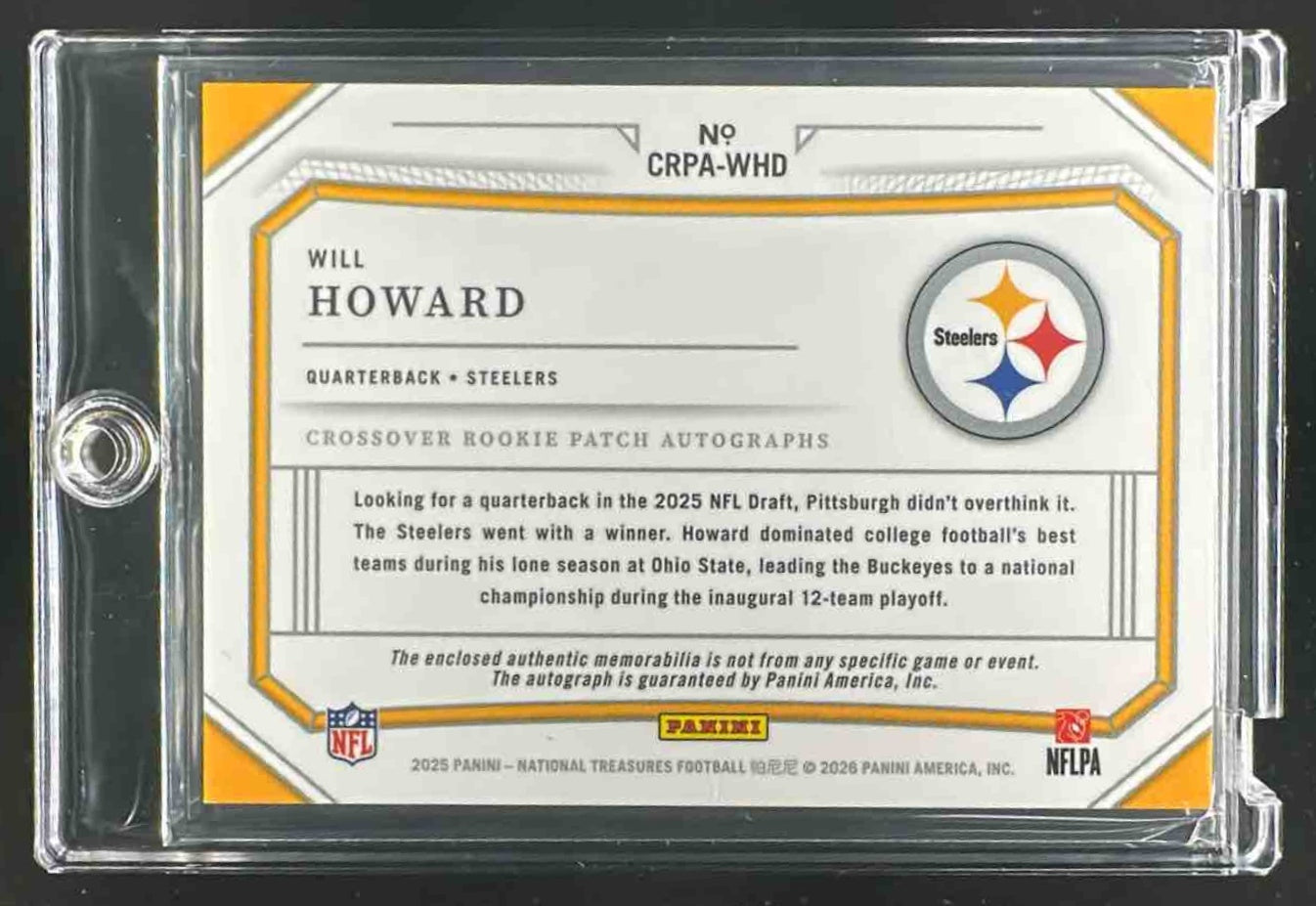 2025 National Treasures Will Howard Crossover Rookie Patch Auto /25