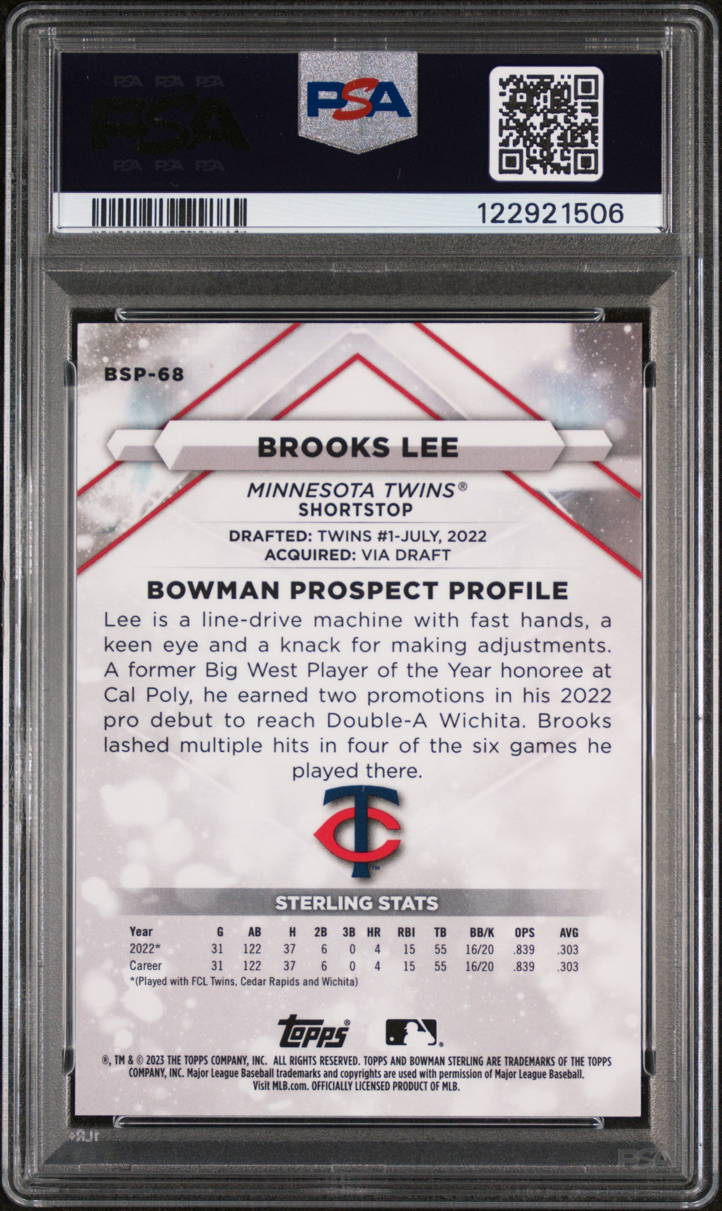 2023 Bowman Sterling Brooks Lee #BSP-68 SuperFractor 1/1 PSA 9