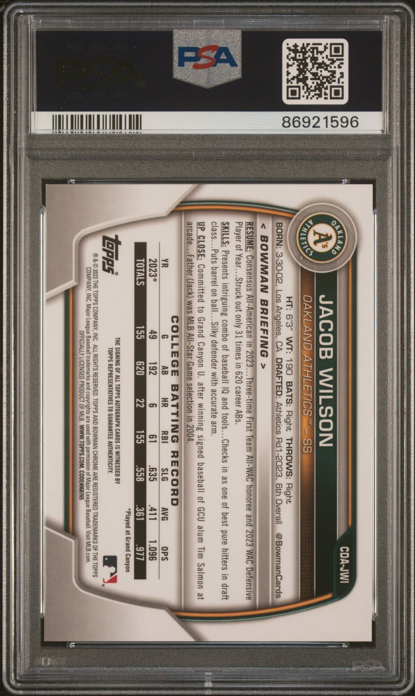 2023 Bowman Chrome Jacob Wilson Auto PSA 10