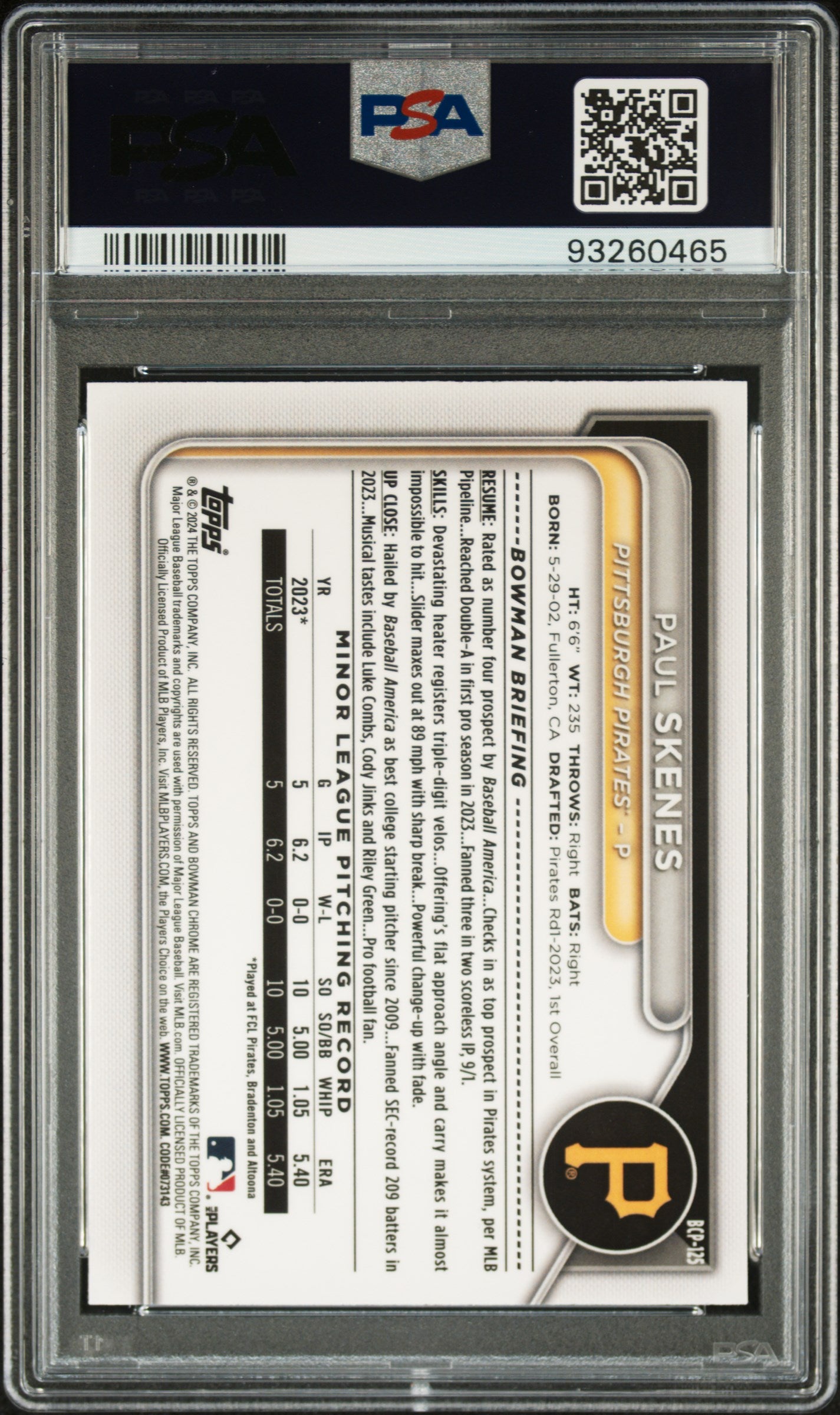 2024 Bowman Chrome Paul Skenes Purple Raywave /250 PSA 10