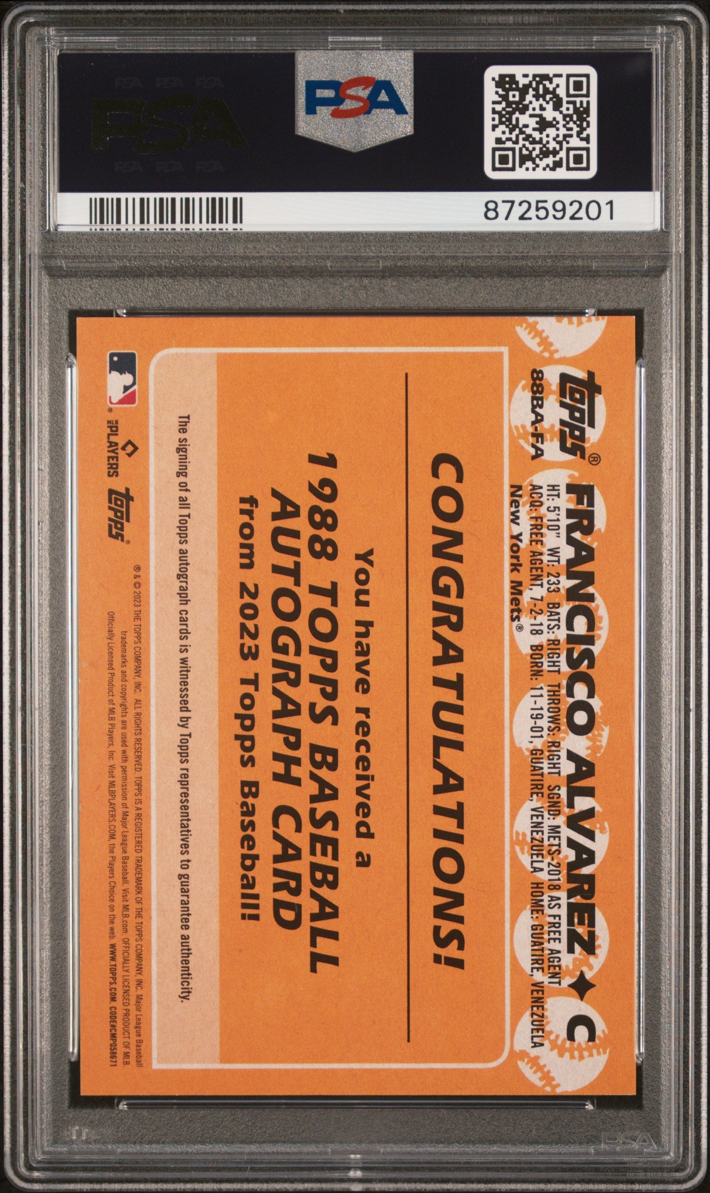 2023 Topps Francisco Alvarez 1988 Auto PSA 9 RC