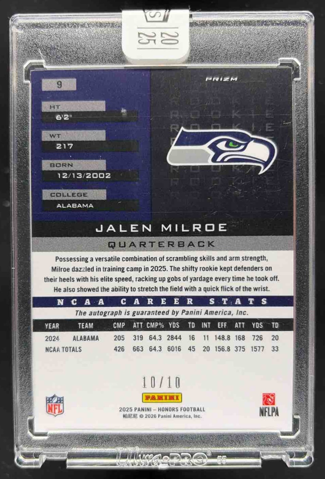 2025 Panini Honors Jalen Milroe #9 2002 Rookies Signatures Gold /10 RC Auto