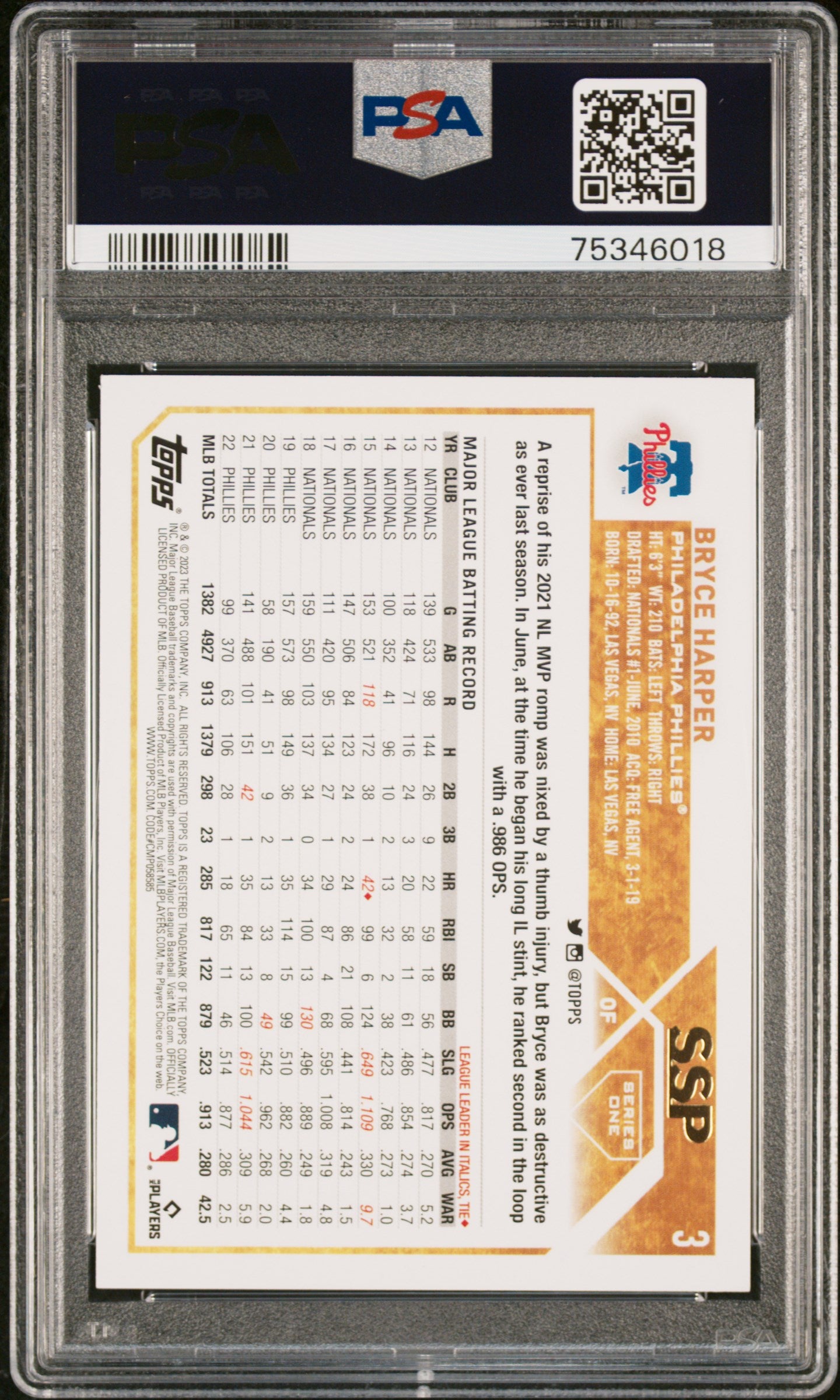 2023 Topps Bryce Harper SSP #3 PSA 10