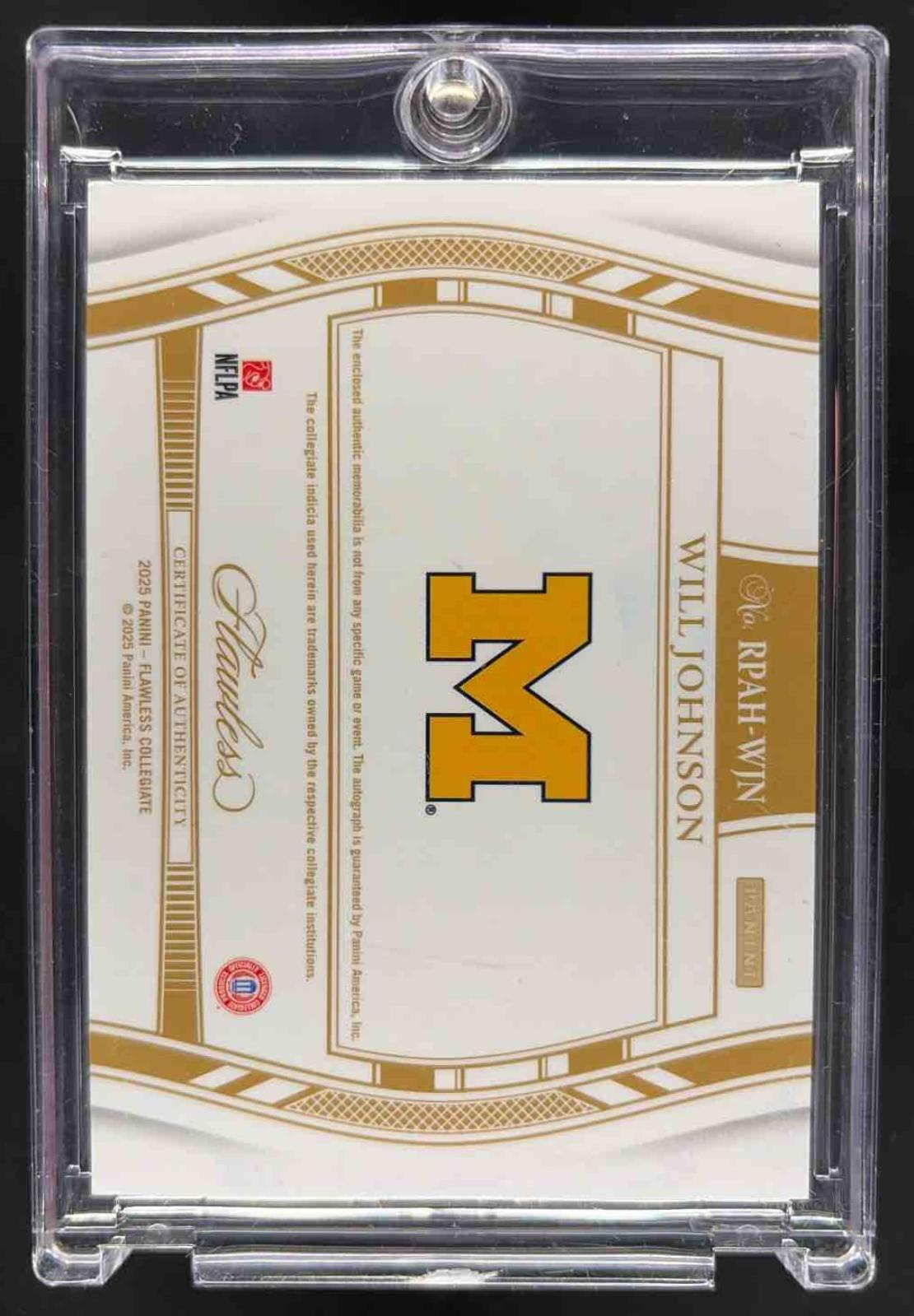 2025 Panini Flawless Collegiate Will Johnson #RPAH-WJN Rookie Patch Auto /5 RC