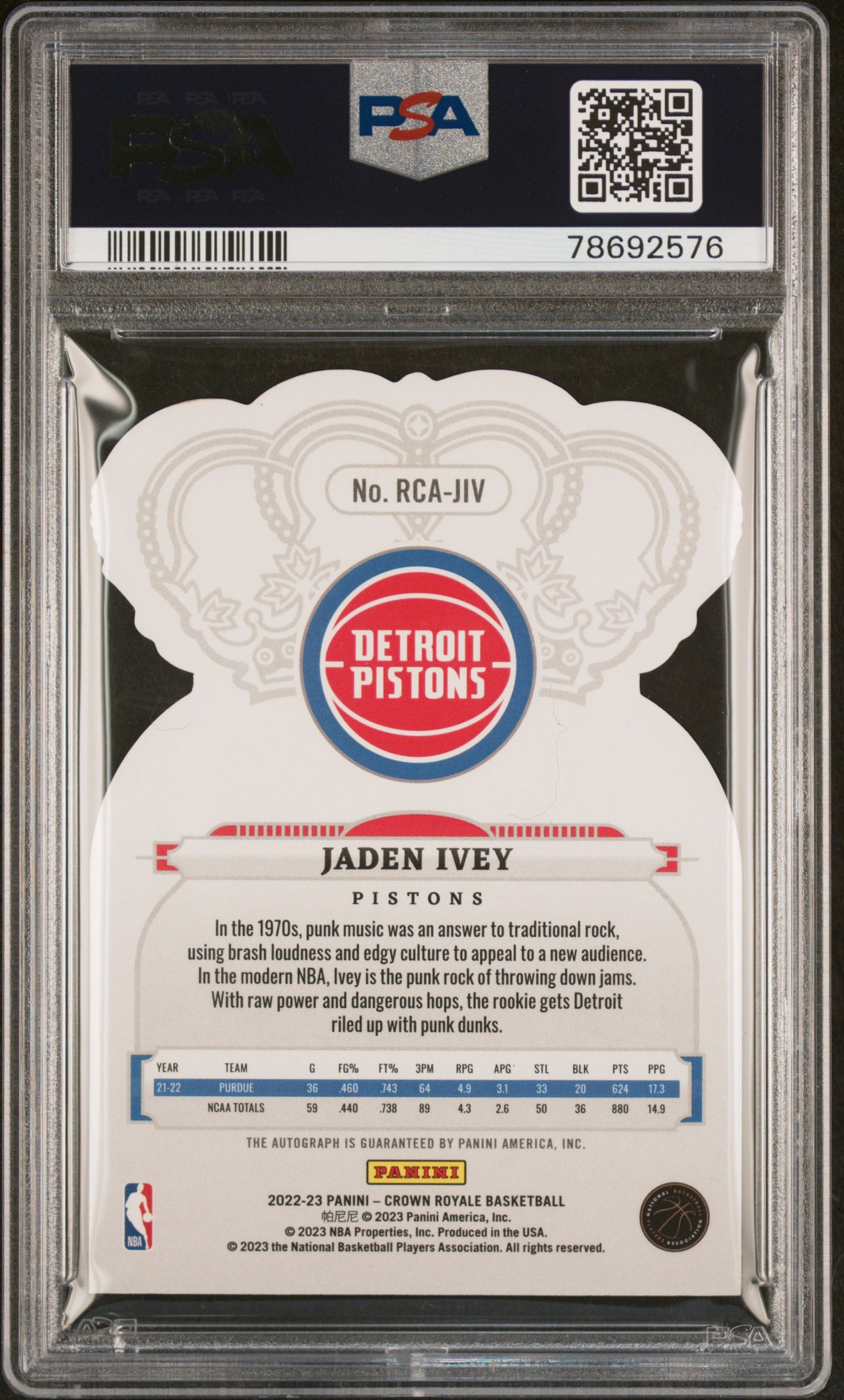 2022 Panini Crown Royale Jaden Ivey #RCA-JIV Rookie Auto /99 RC PSA 10