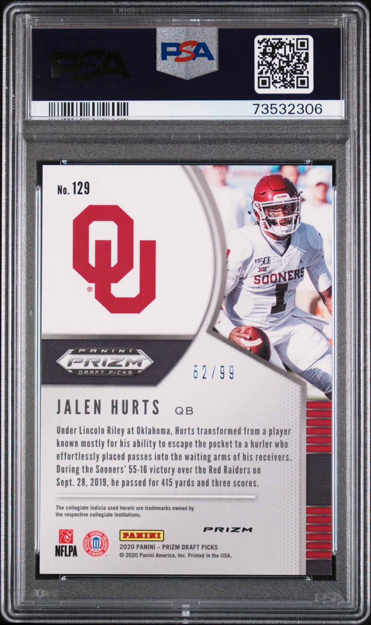 2020 Prizm DP Jalen Hurts Red White Blue Rookie /99 PSA 9