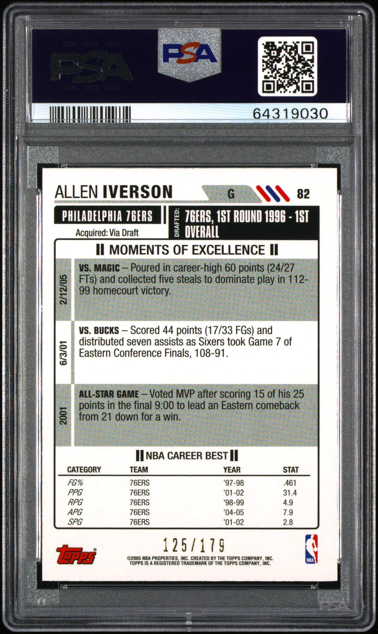 2005-06 Topps Big Game Allen Iverson /179 PSA 9