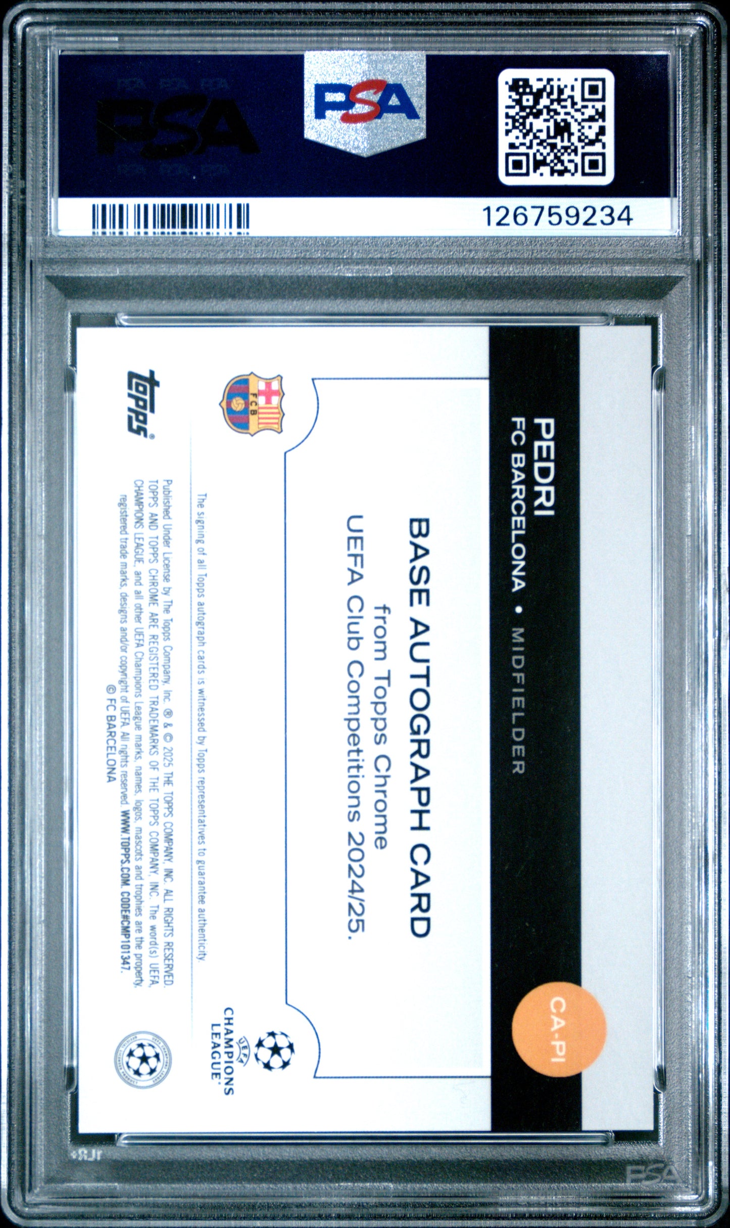 2024 Topps Chrome UEFA Club Competitions Pedri #CA-PI Auto Black Refractor /10 PSA 9