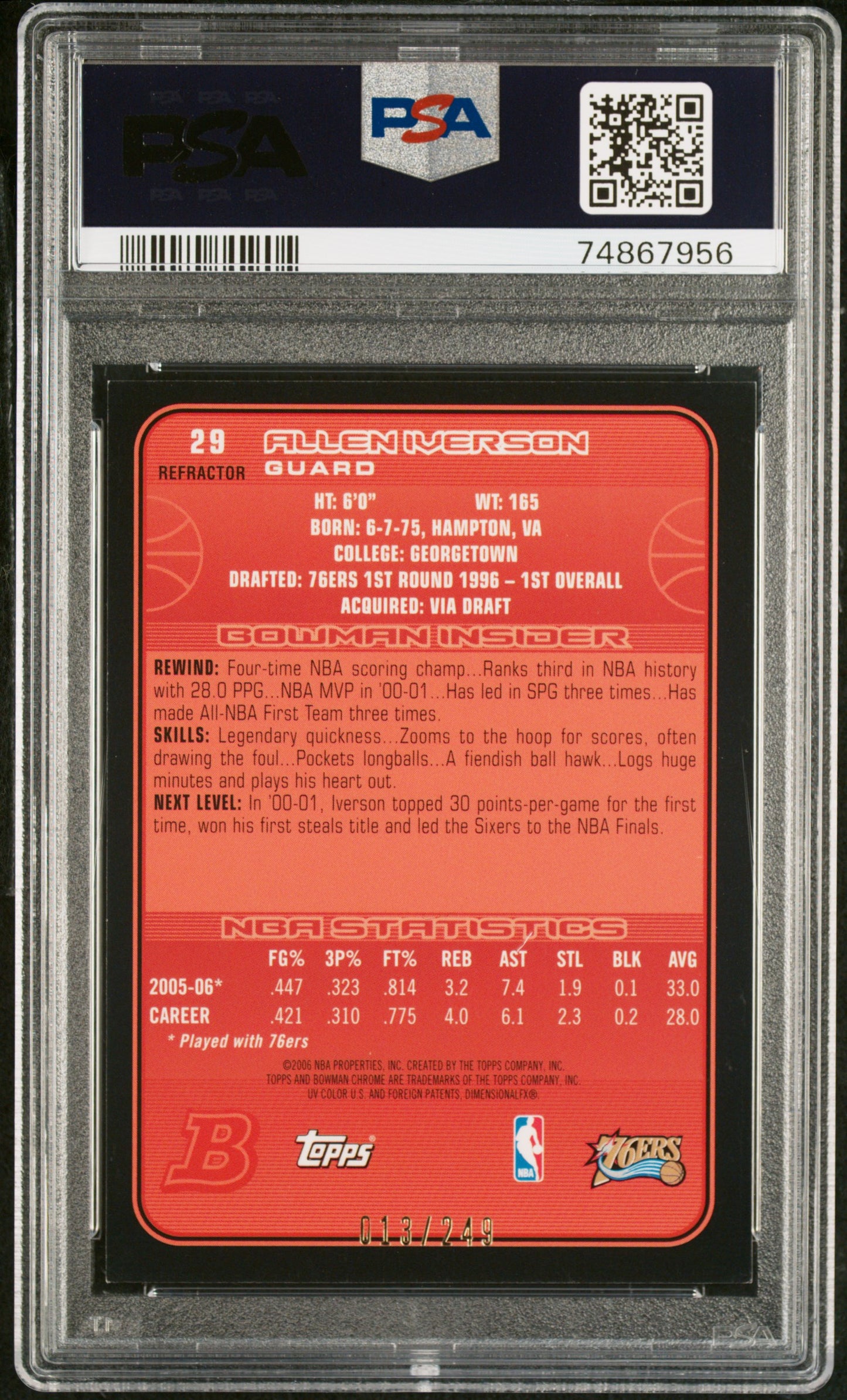 2006-07 Bowman Chrome Allen Iverson Refractor /249 PSA 8