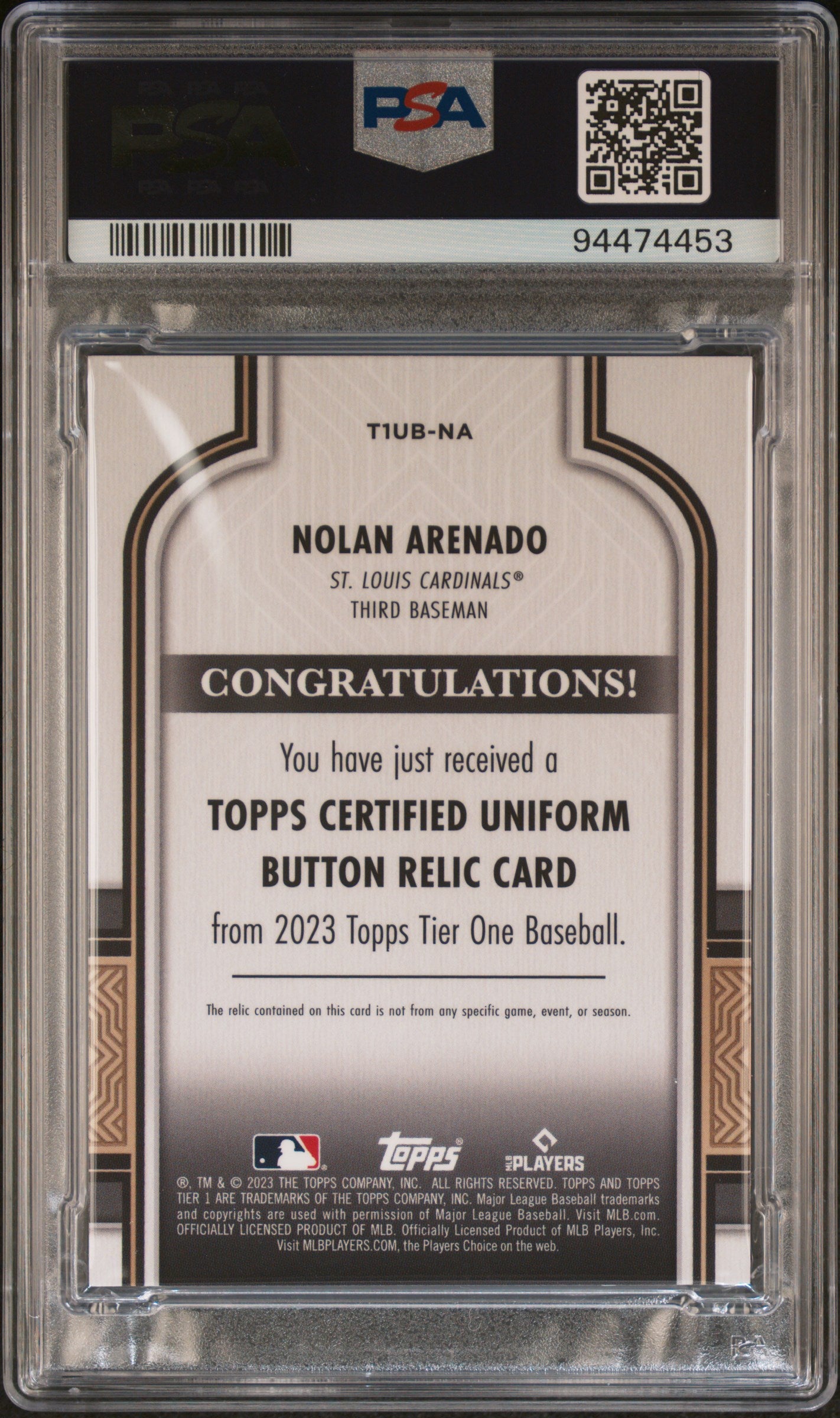 2023 Tier One Nolan Arenado Button Relic Patch /5 PSA 9