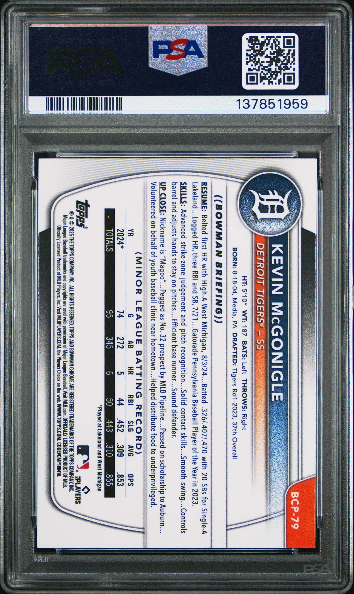2025 Bowman Sapphire Kevin McGonigle #BCP-79 Chrome 1st Prospect Tigers PSA 9