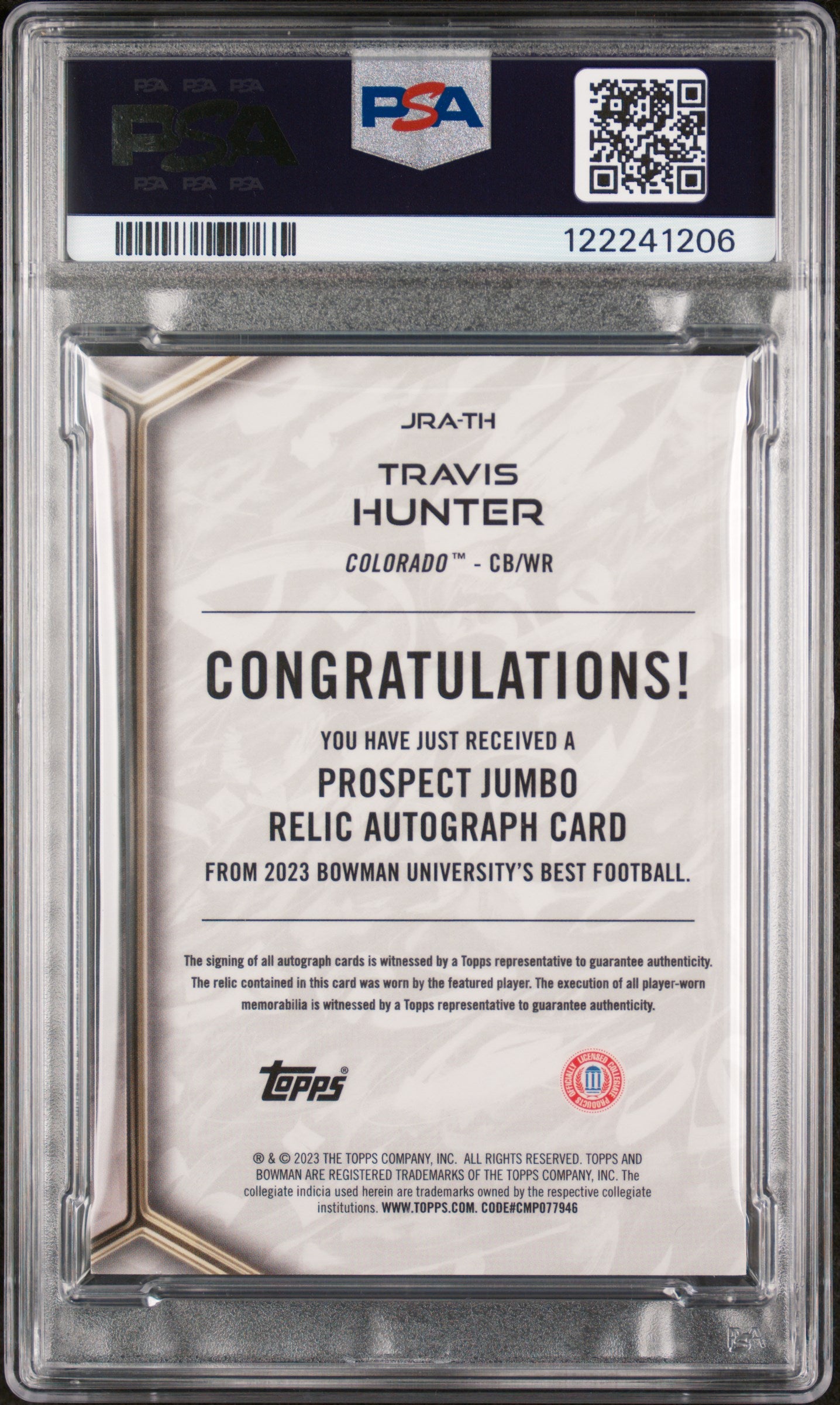 2023 Bowman University Best Travis Hunter #JRA-TH Prospect Relic Auto PSA 8