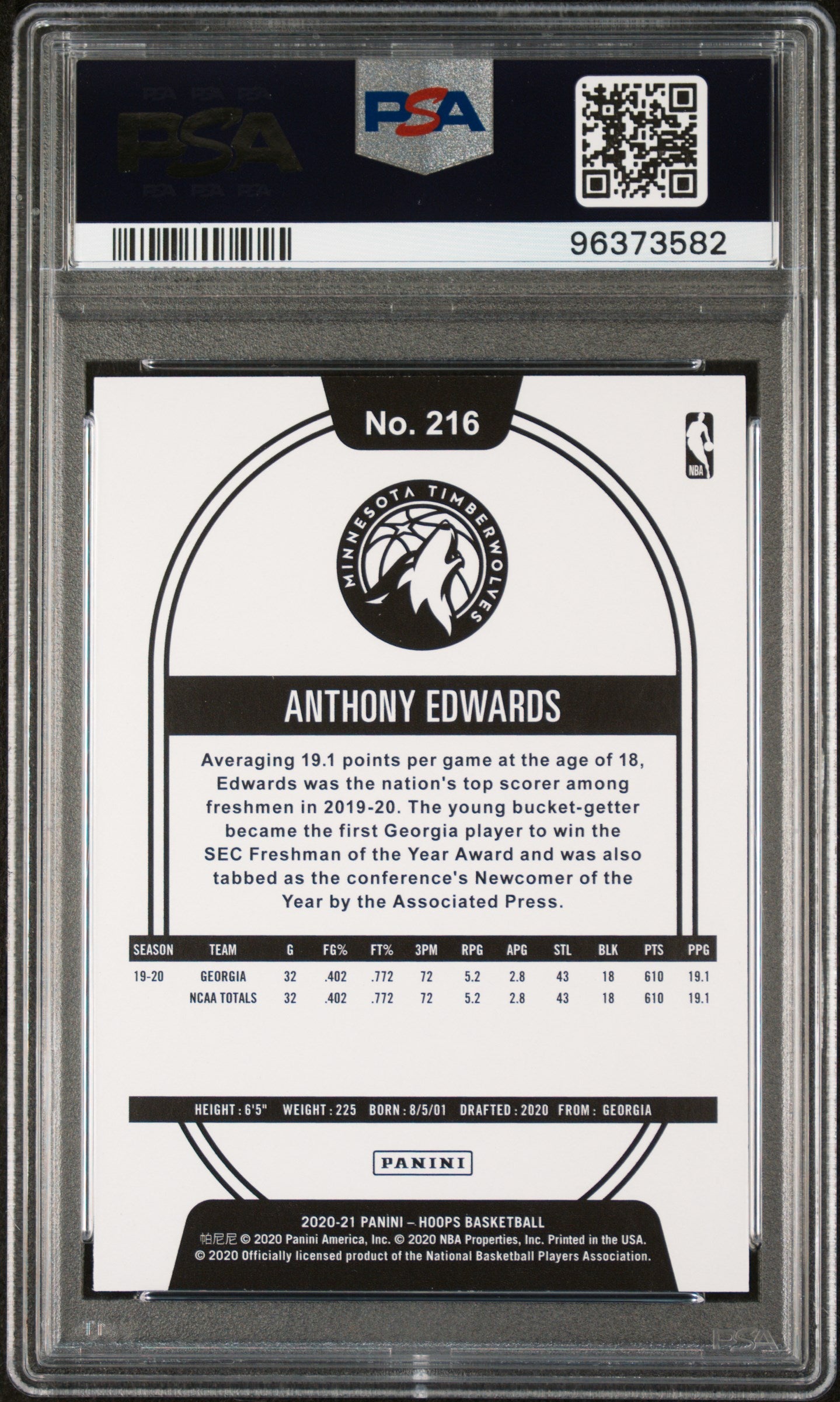 2020-21 Hoops Anthony Edwards Yellow Rookie PSA 10