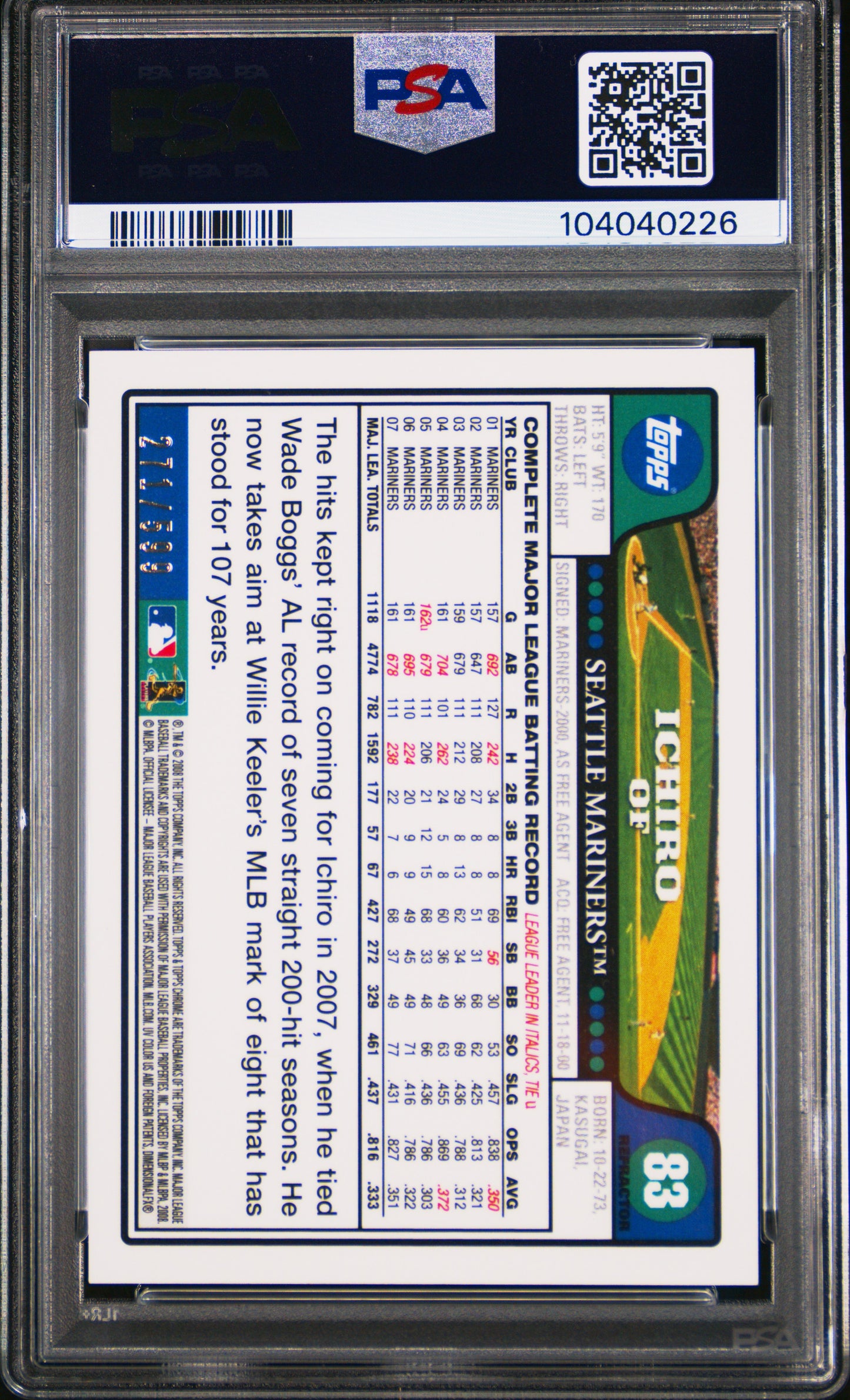 2008 Topps Chrome Ichiro Copper Refractor /599 #83 PSA 9