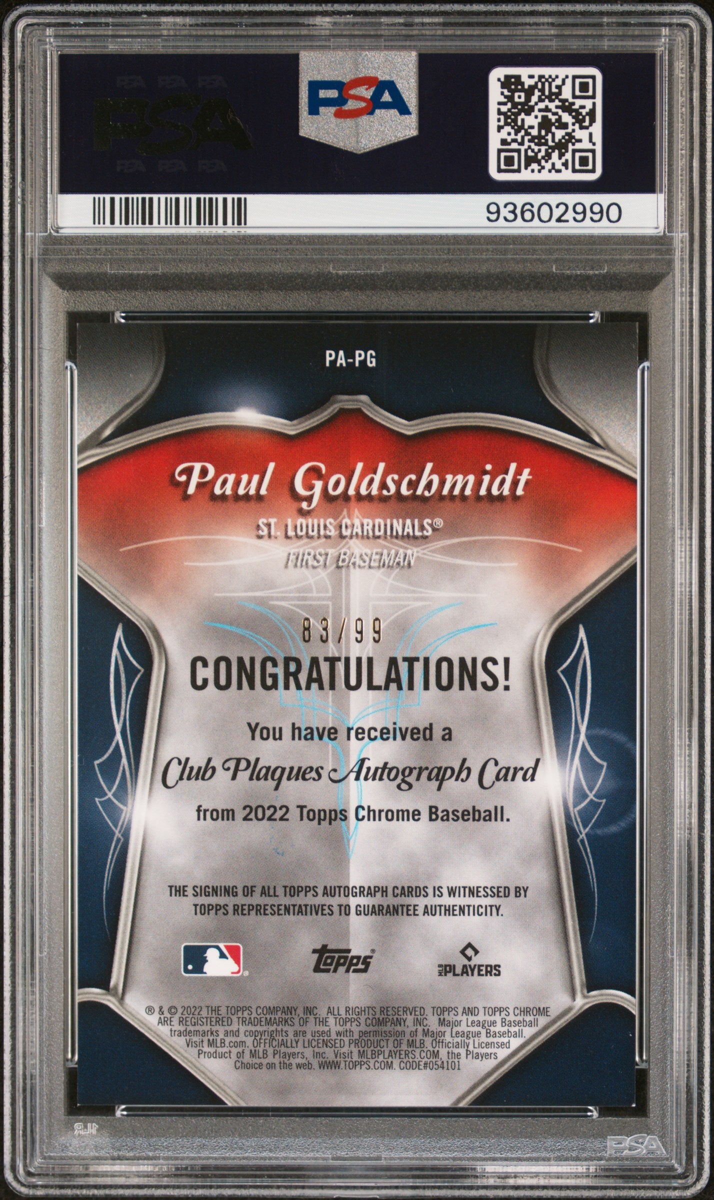 2022 Topps Chrome Paul Goldschmidt Club Plaques Auto /99 PSA 9