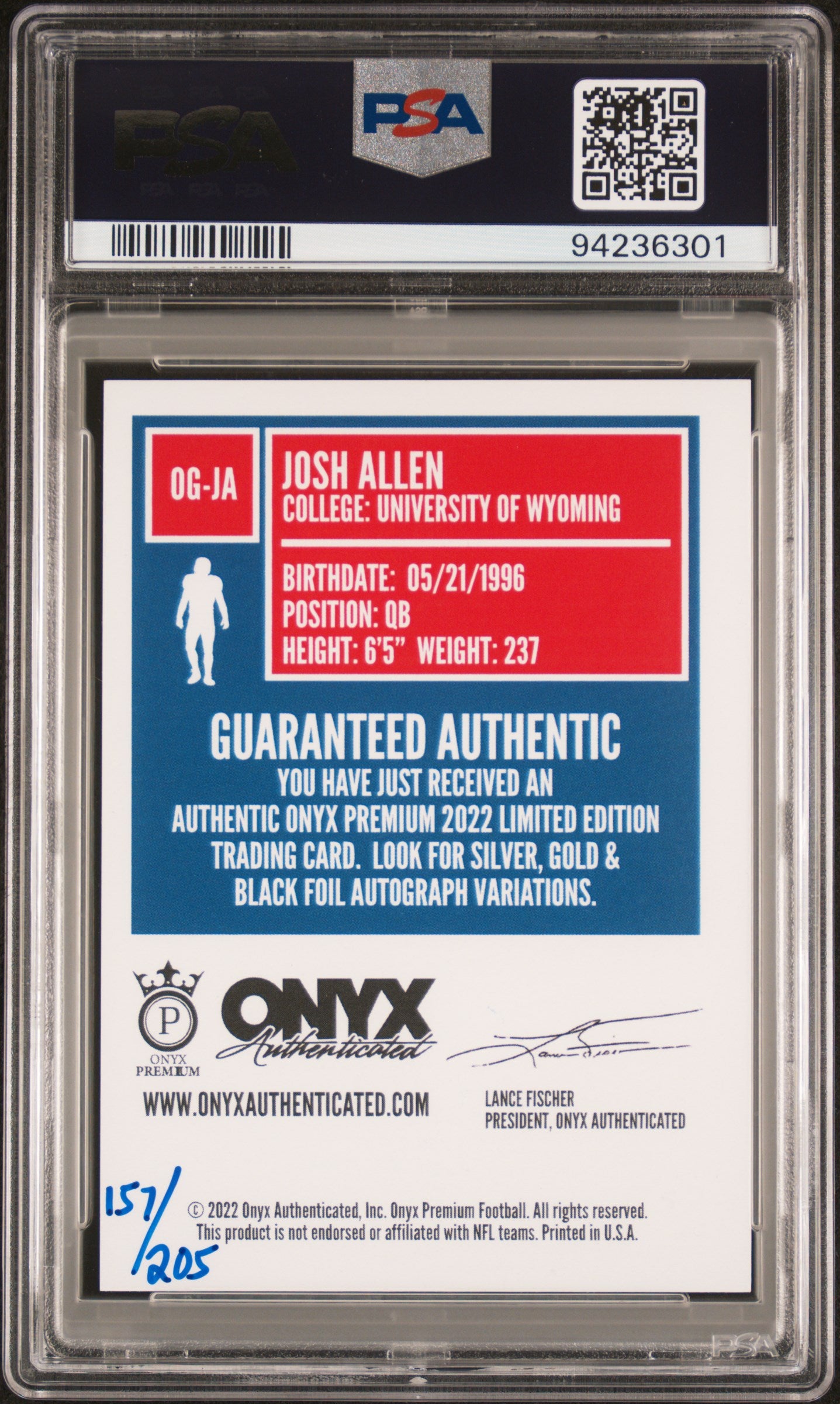 2022 Onyx Premium Josh Allen Auto /205 PSA 8