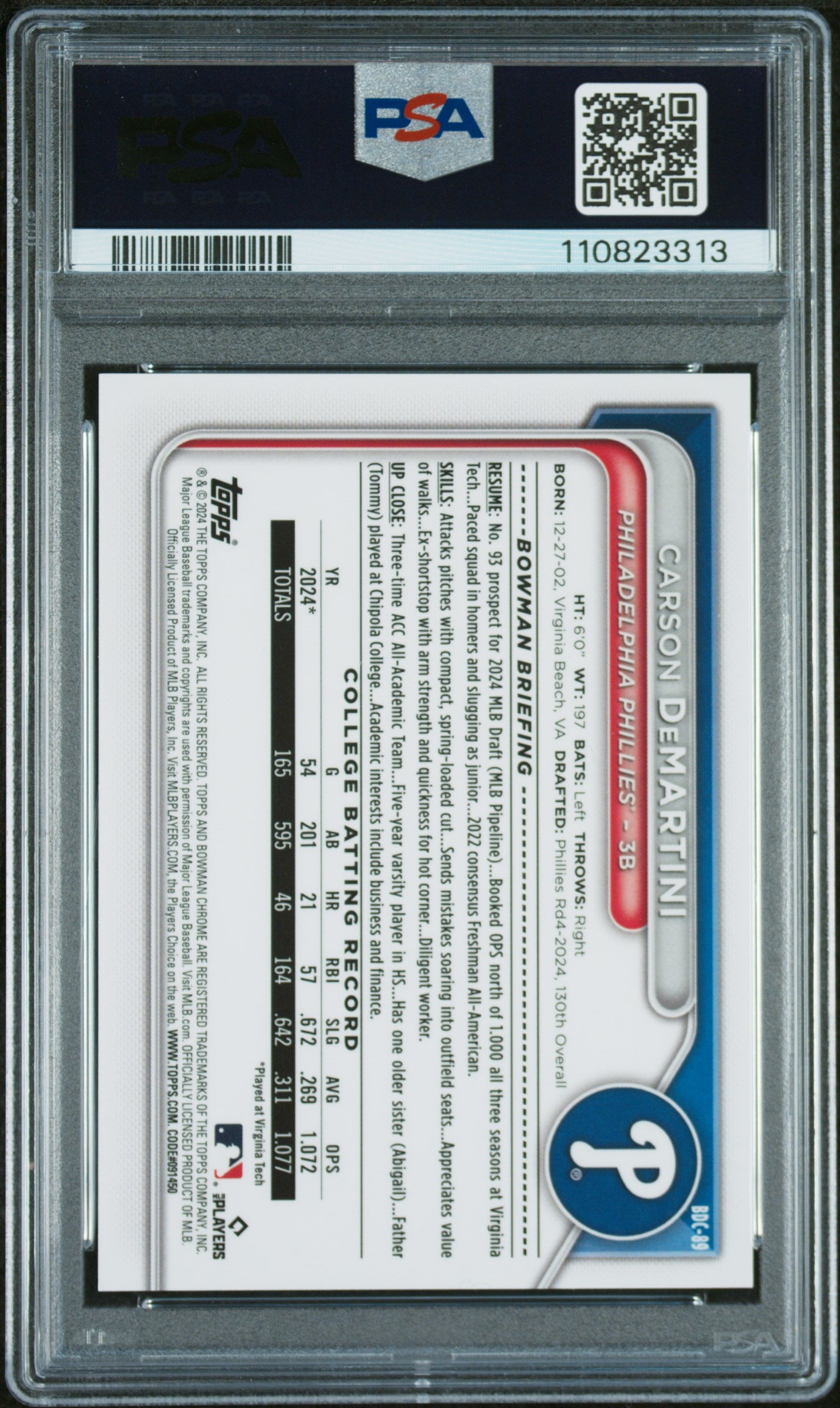2024 Bowman Chrome Carson Demartini /25 PSA 10