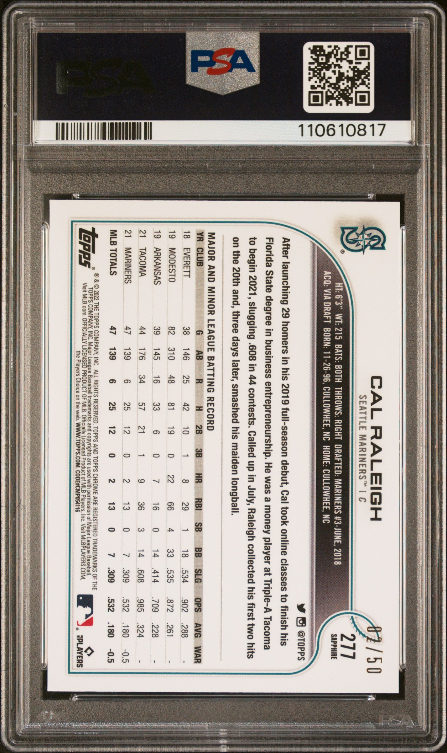 2022 Topps Chrome Cal Raleigh Sapphire Gold Rookie /50 PSA 10