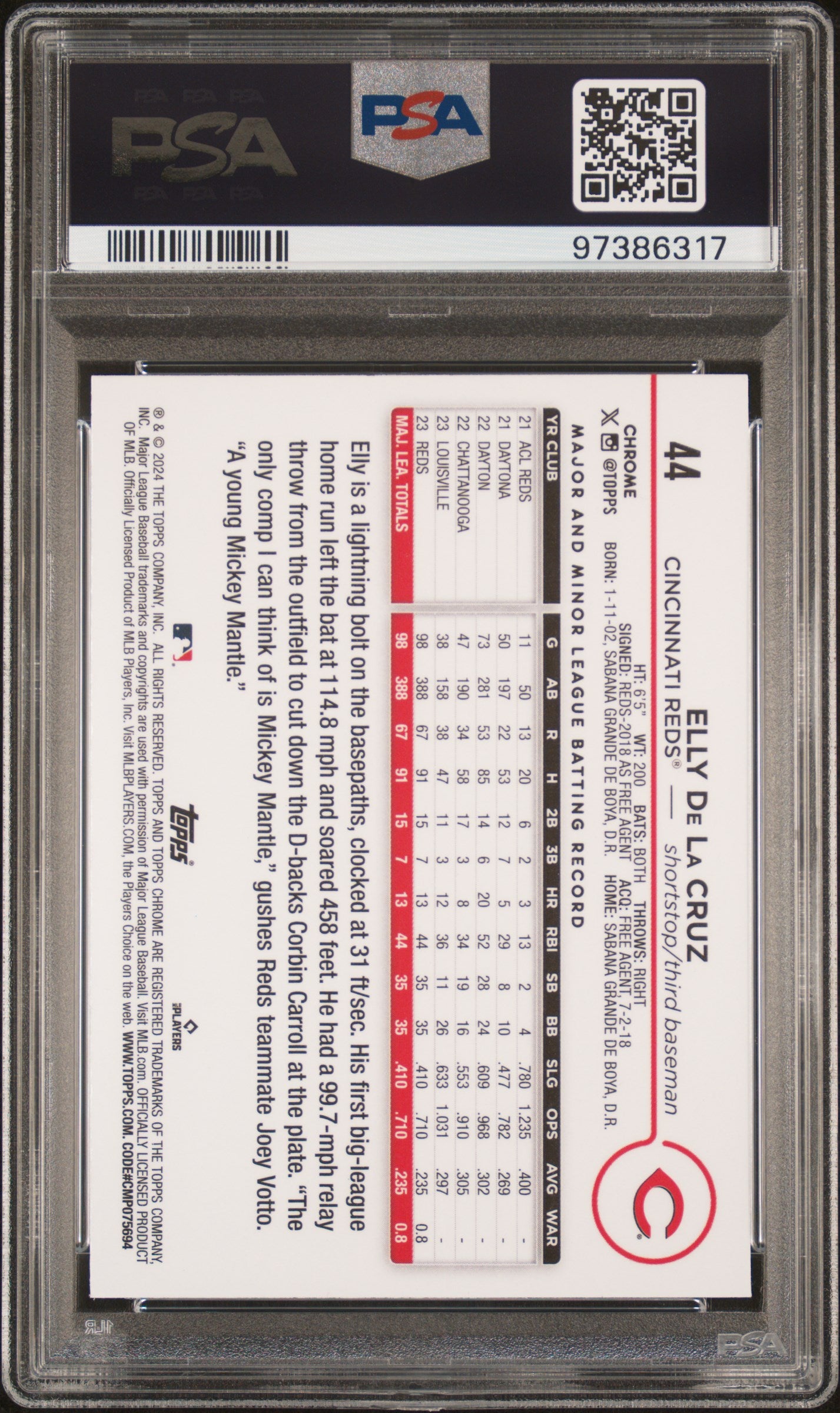 2024 Topps Chrome Elly De La Cruz #44 Green Refractor 35/99 RC Reds PSA 9