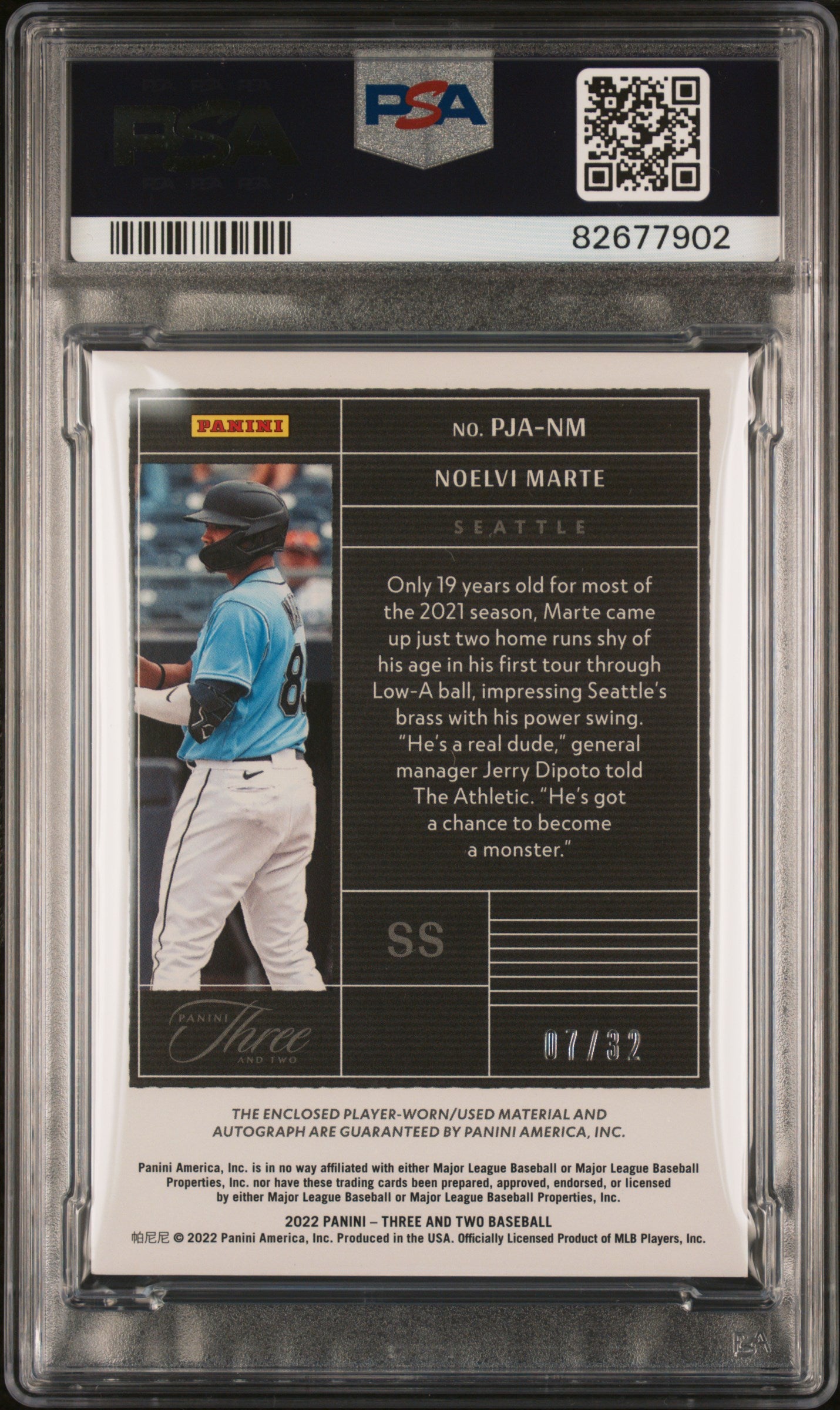 2022 Panini Three and Two Noelvi Marte Patch Auto /32 PSA 10