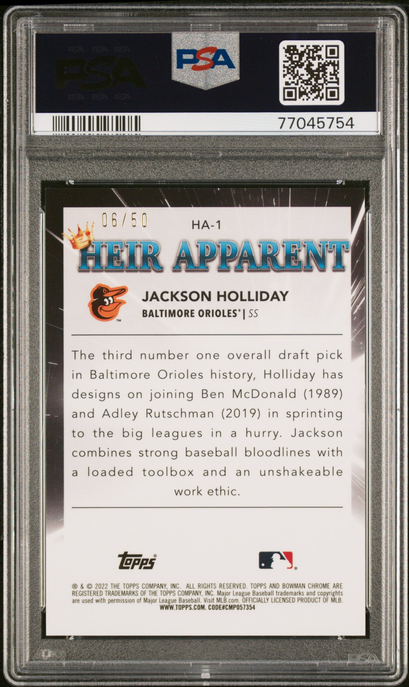 2022 Bowman Chrome Jackson Holliday Heir Apparent Gold /50 PSA 10 (crack)
