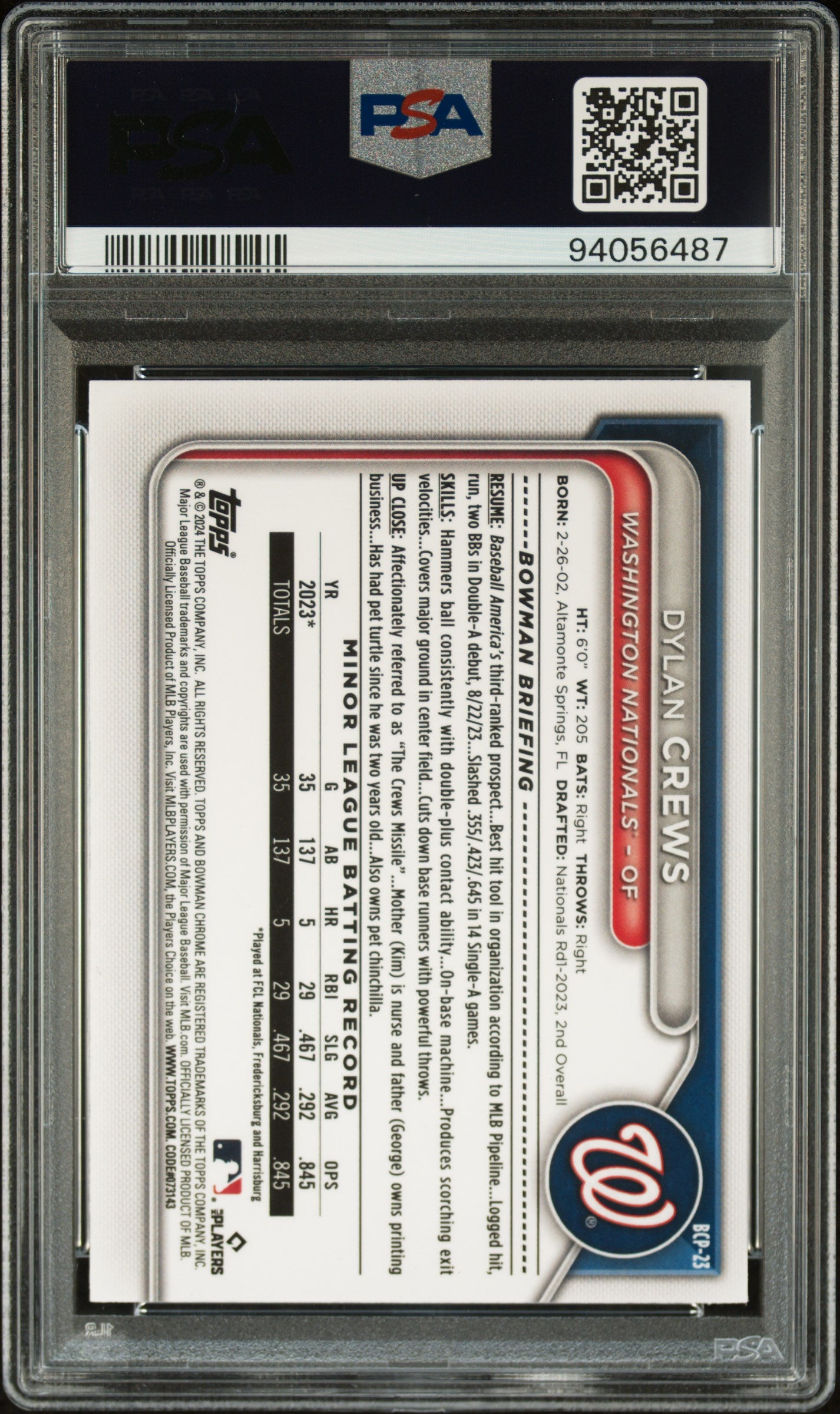 2024 Bowman Chrome Dylan Crews Yellow 62/75 PSA 9