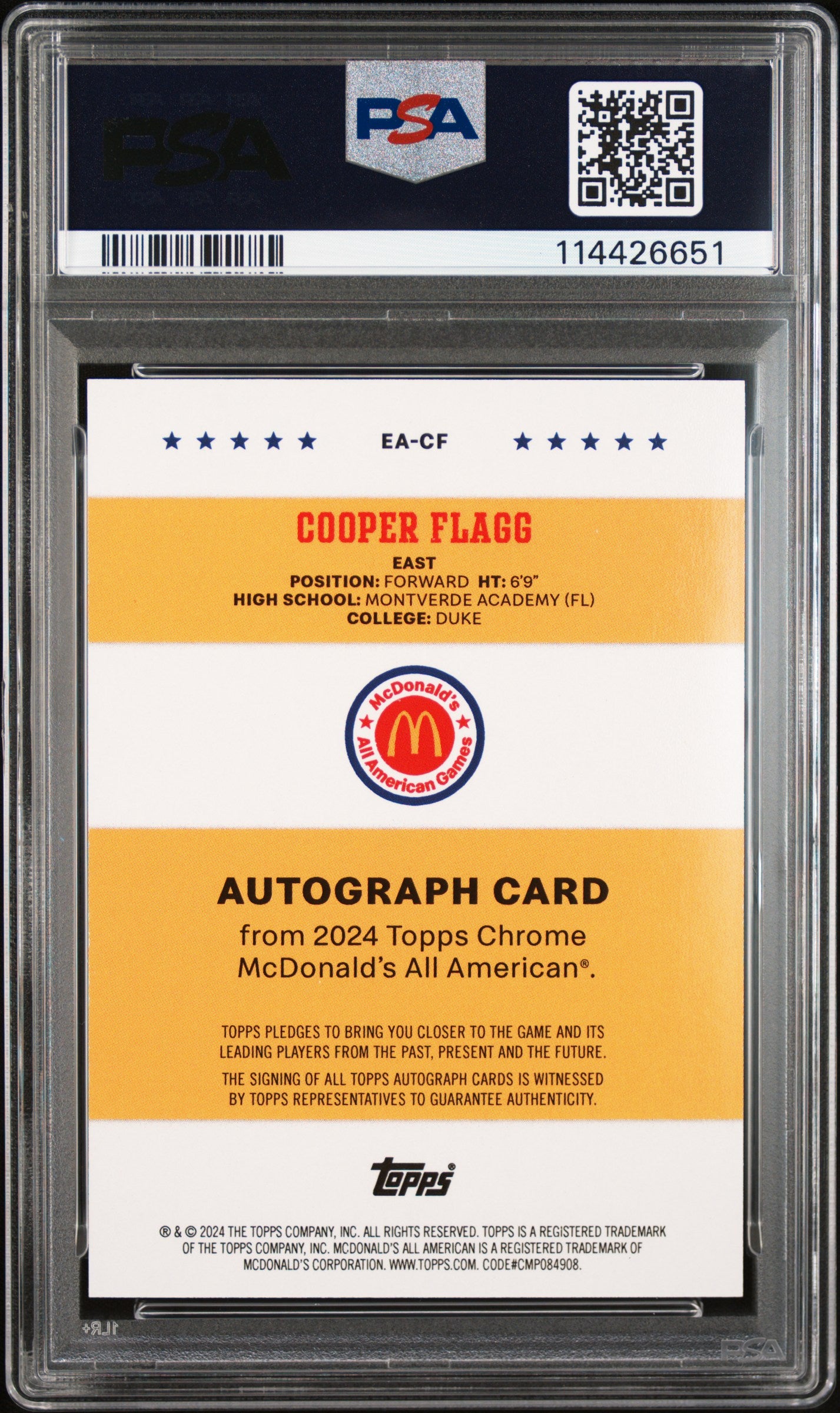 2024-25 Mcdonald's Chrome Cooper Flagg Event Auto PSA 9