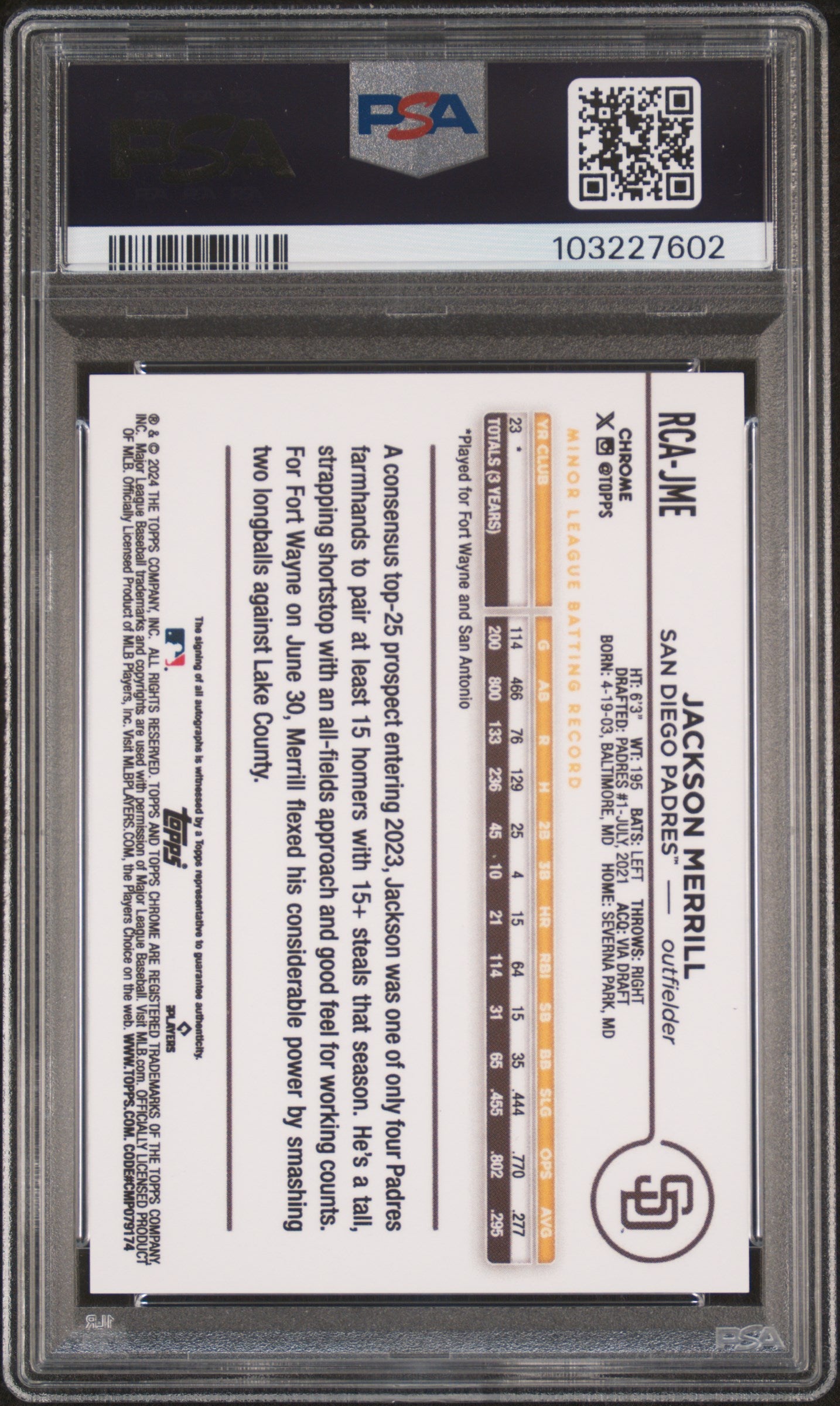 2024 Topps Chrome Jackson Merrill Green Logofractor /99 Rookie Auto PSA 9