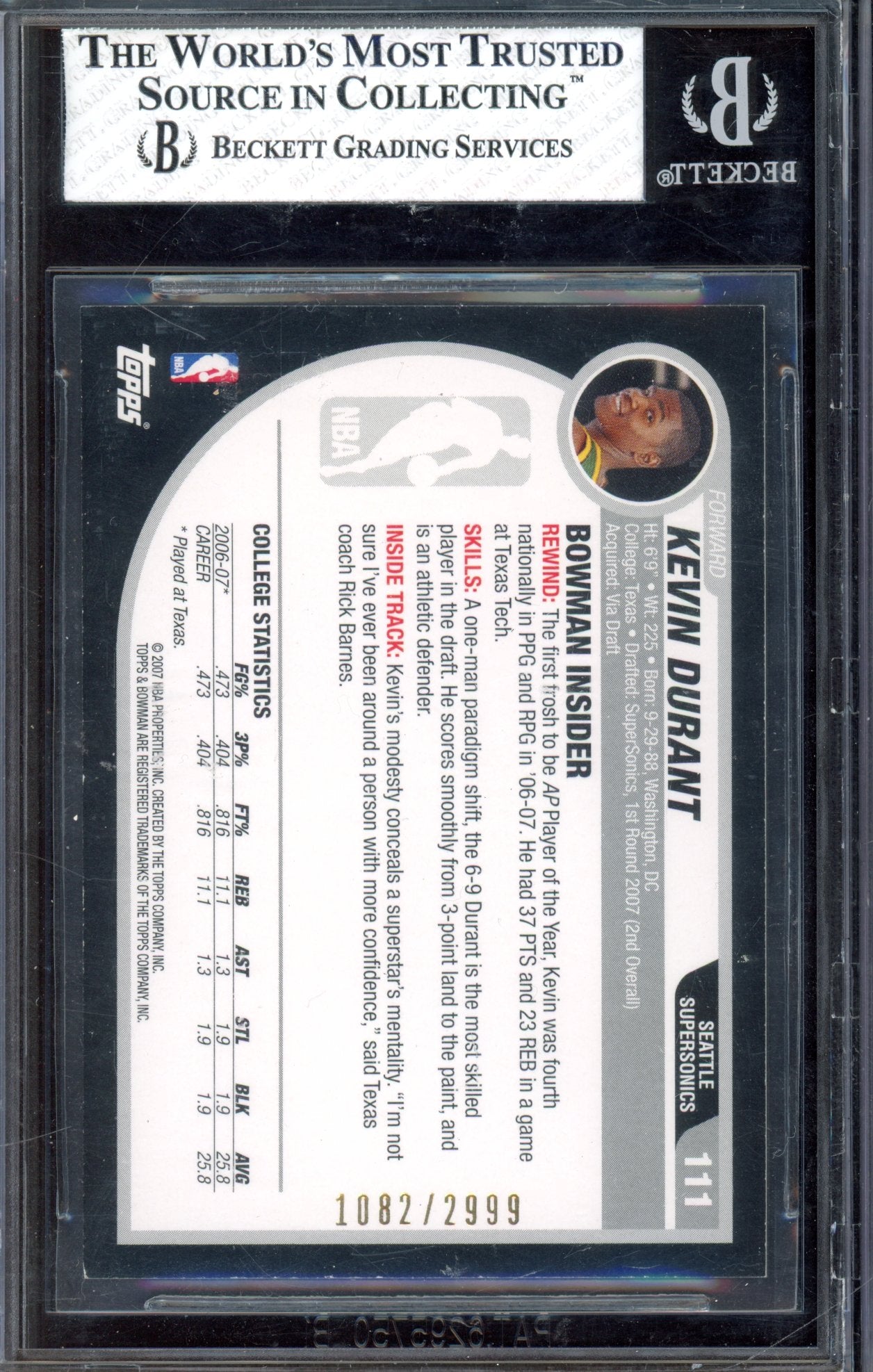 2007 Bowman Kevin Durant 1082/2999 BGS 8 RC