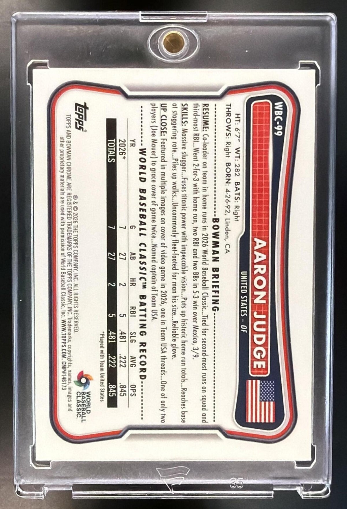2026 Bowman Chrome Aaron Judge #WBC-99 USA Chrome Blue /150