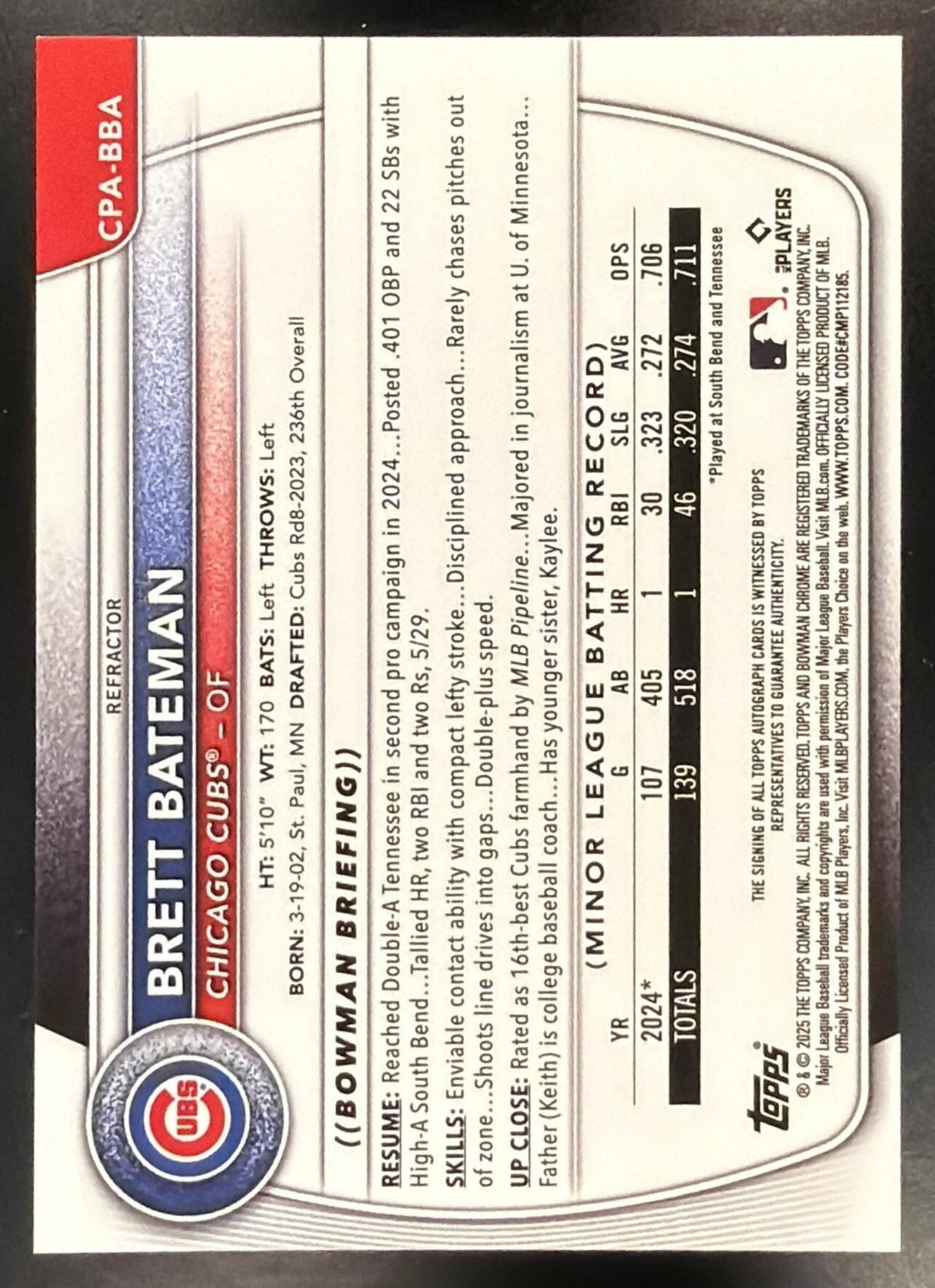 2025 Bowman Chrome Brett Bateman #CPA-BBA Auto Refractor 51/499 1st Prospect