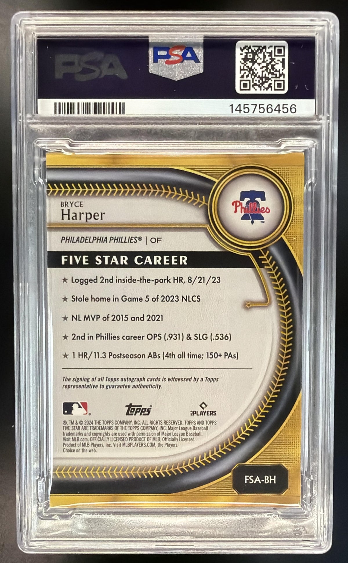 2025 Topps Five Star Bryce Harper #FSA-BH Auto 1/1 Red PSA 8