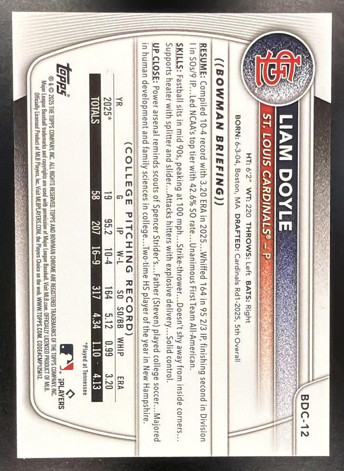 2025 Bowman Draft Liam Doyle #BDC-12 Chrome Orange Refractor /25 1st Prospect