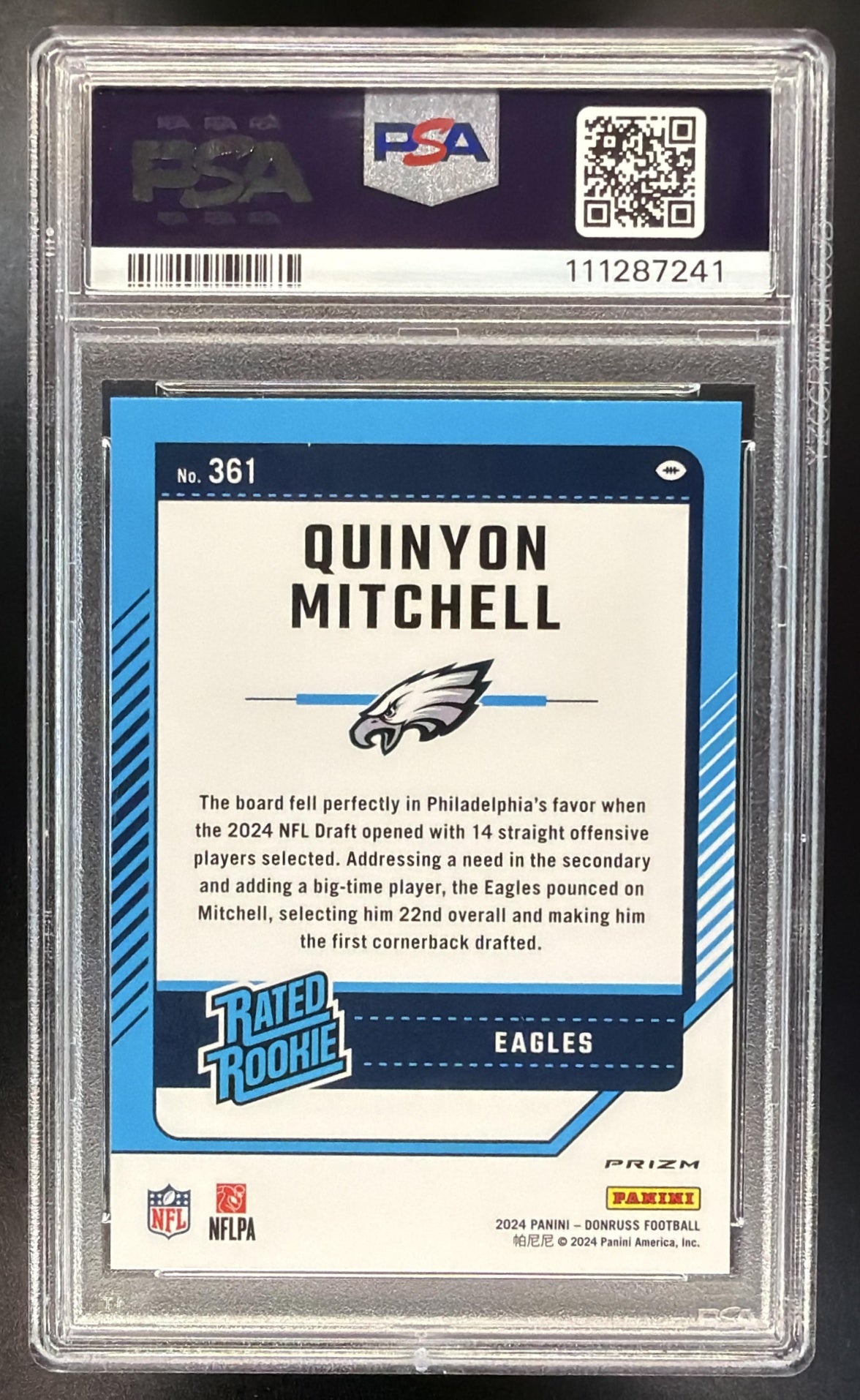 2024 Panini Donruss Quinyon Mitchell #361 No Name Rated Rookie PSA 10