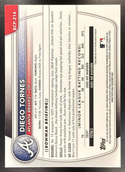 2025 Bowman Chrome Sapphire Diego Tornes #BCP-214 Yellow 67/751st Prospect