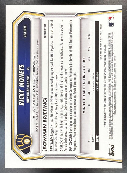 2026 Bowman Chrome Ricky Moneys #CPA-RM Auto Refractor 420/499 1st Brewers