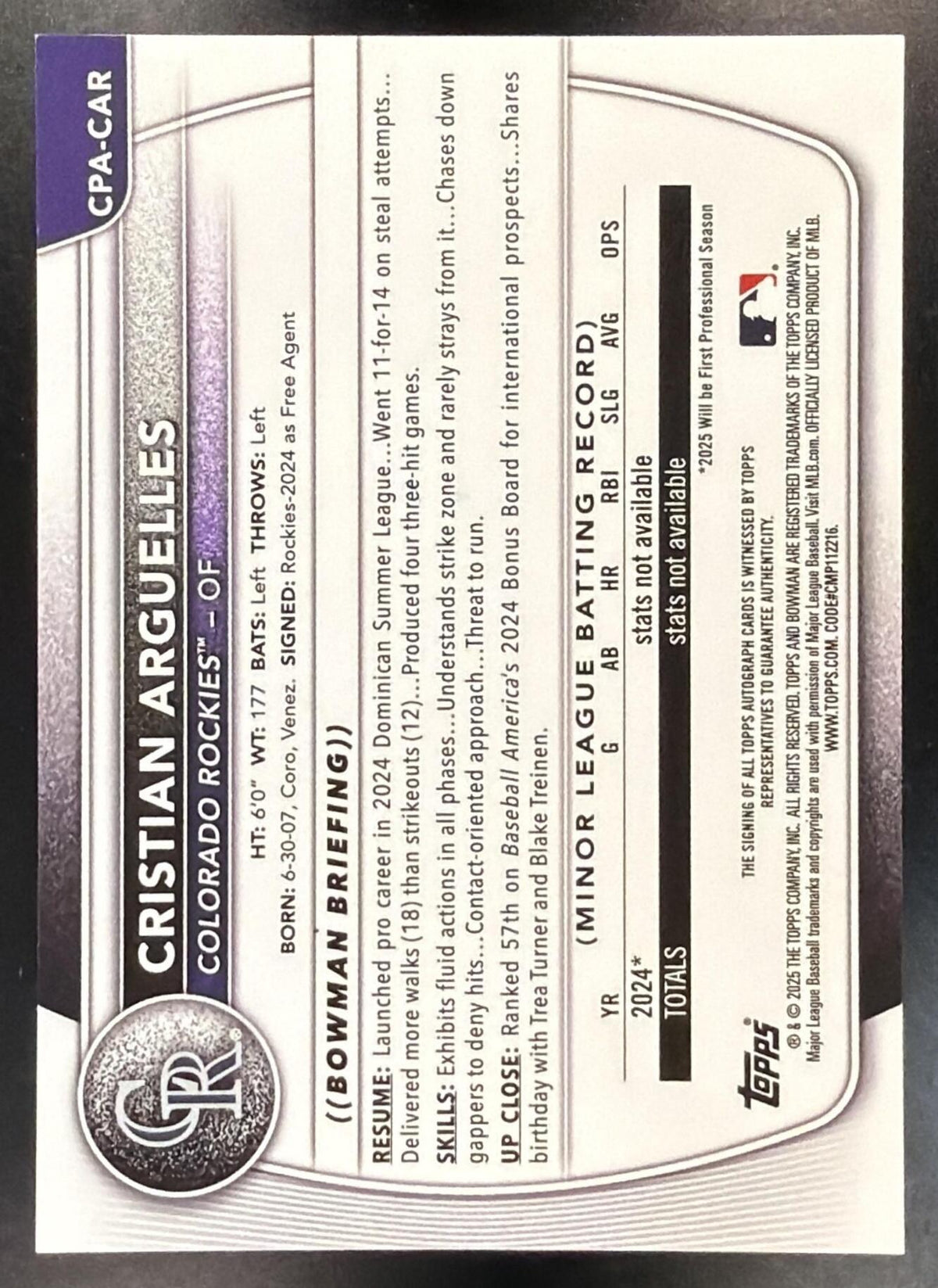2025 Bowman Chrome Cristian Arguelles #CPA-CAR Auto 1st Prospect