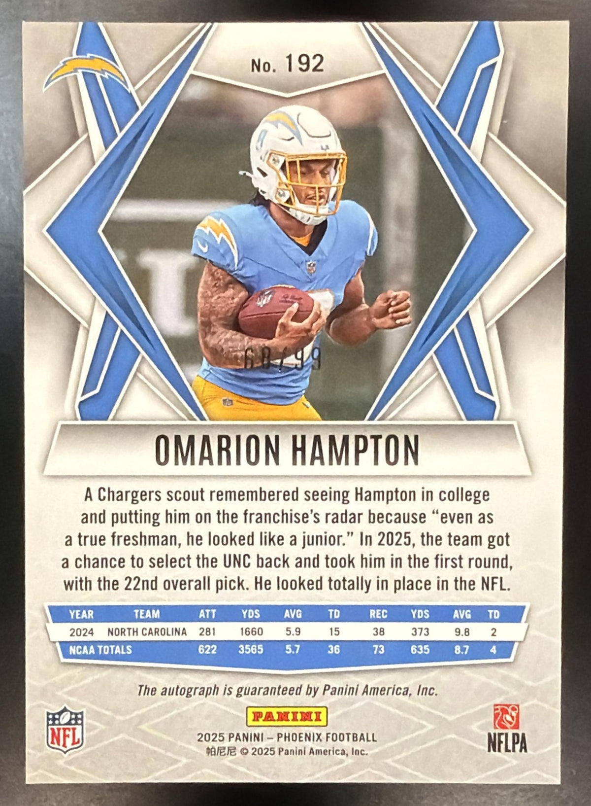 2025 Panini Phoenix Omarion Hampton #192 Bronze Pandora Auto 68/99 RC