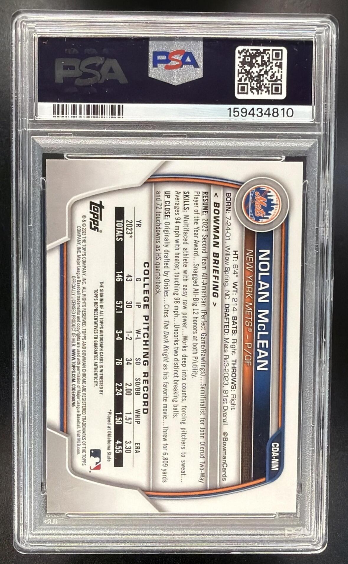 2023 Bowman Draft Nolan McLean #CDA-NM Chrome Auto 1st Prospect PSA 9