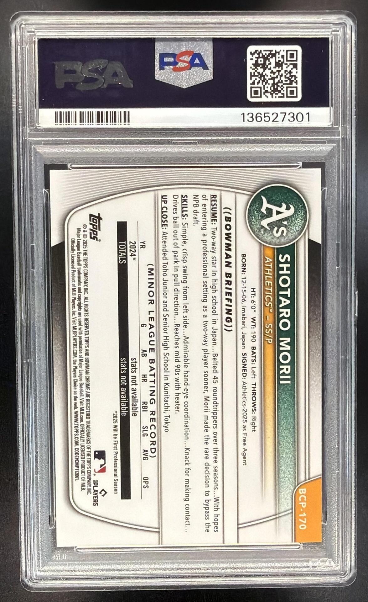 2025 Bowman Chrome Shotaro Morii #BCP-170 Reptilian Blue Refractor /150 1st Prospect PSA 10