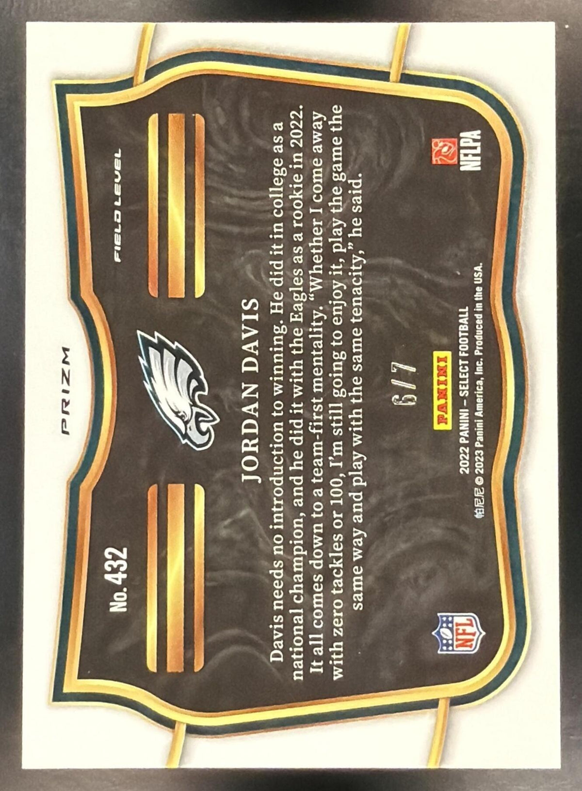 2022 Select Football Jordan Davis #432 Field Level Orange Pulsar FOTL 6/7 RC